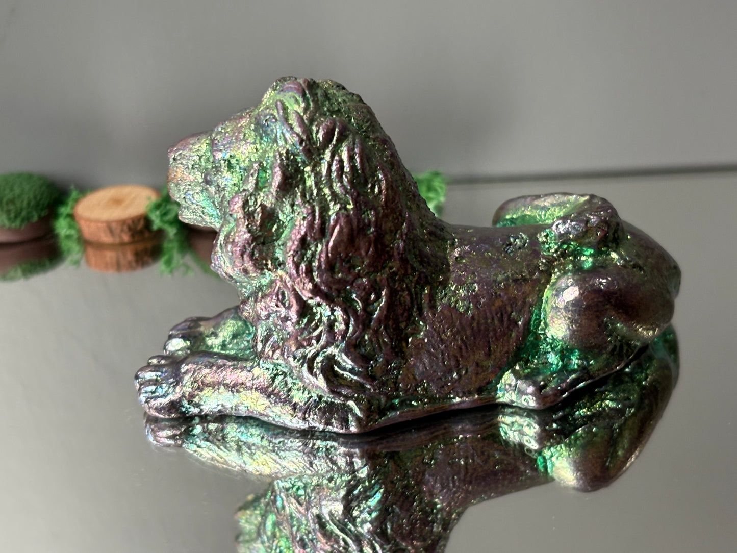 Teal Bismuth Crystal Lion Metal Art Sculpture