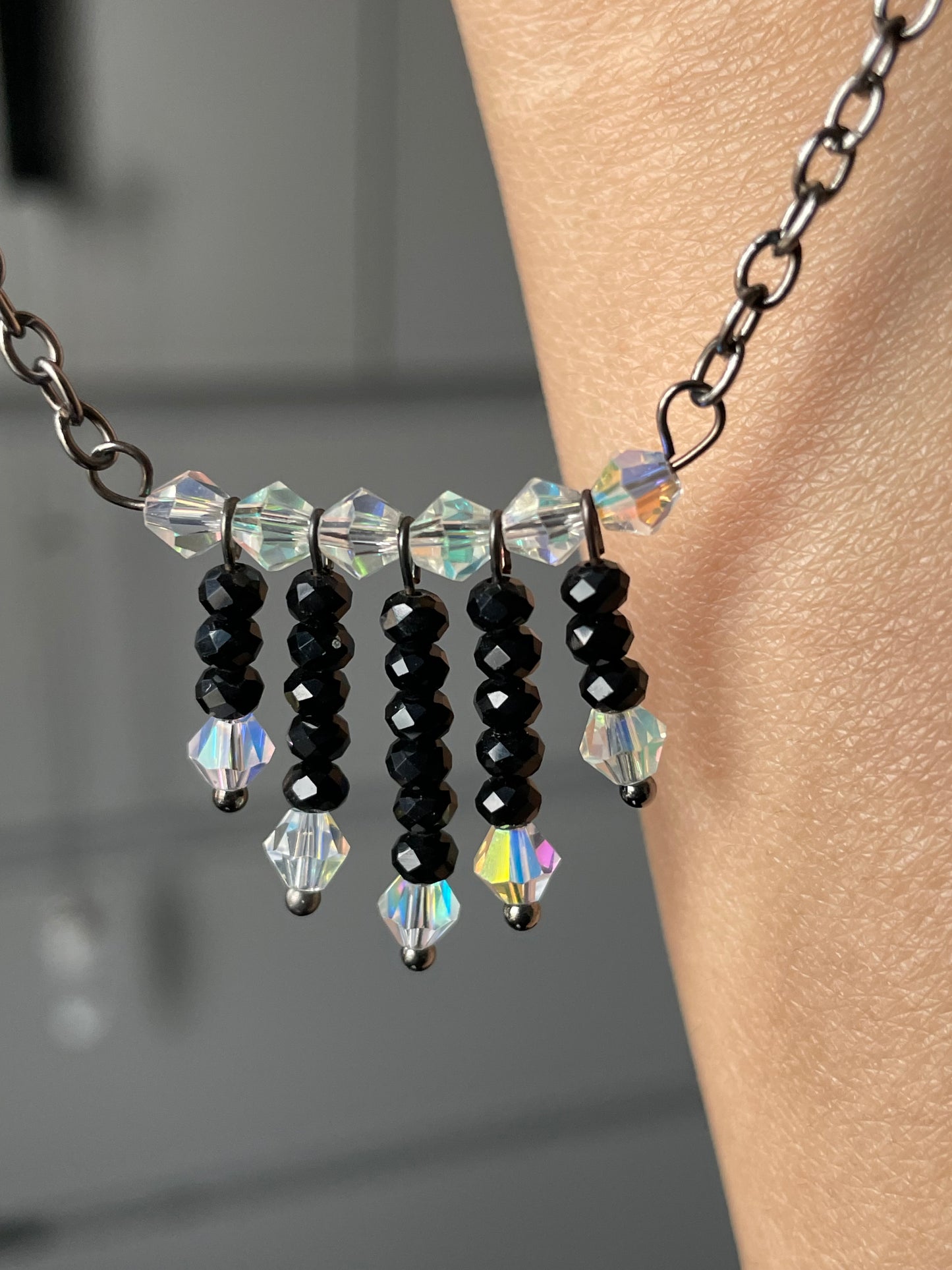Black Spinel Gemstone & AB Swarovski Crystal Waterfall Necklace Set