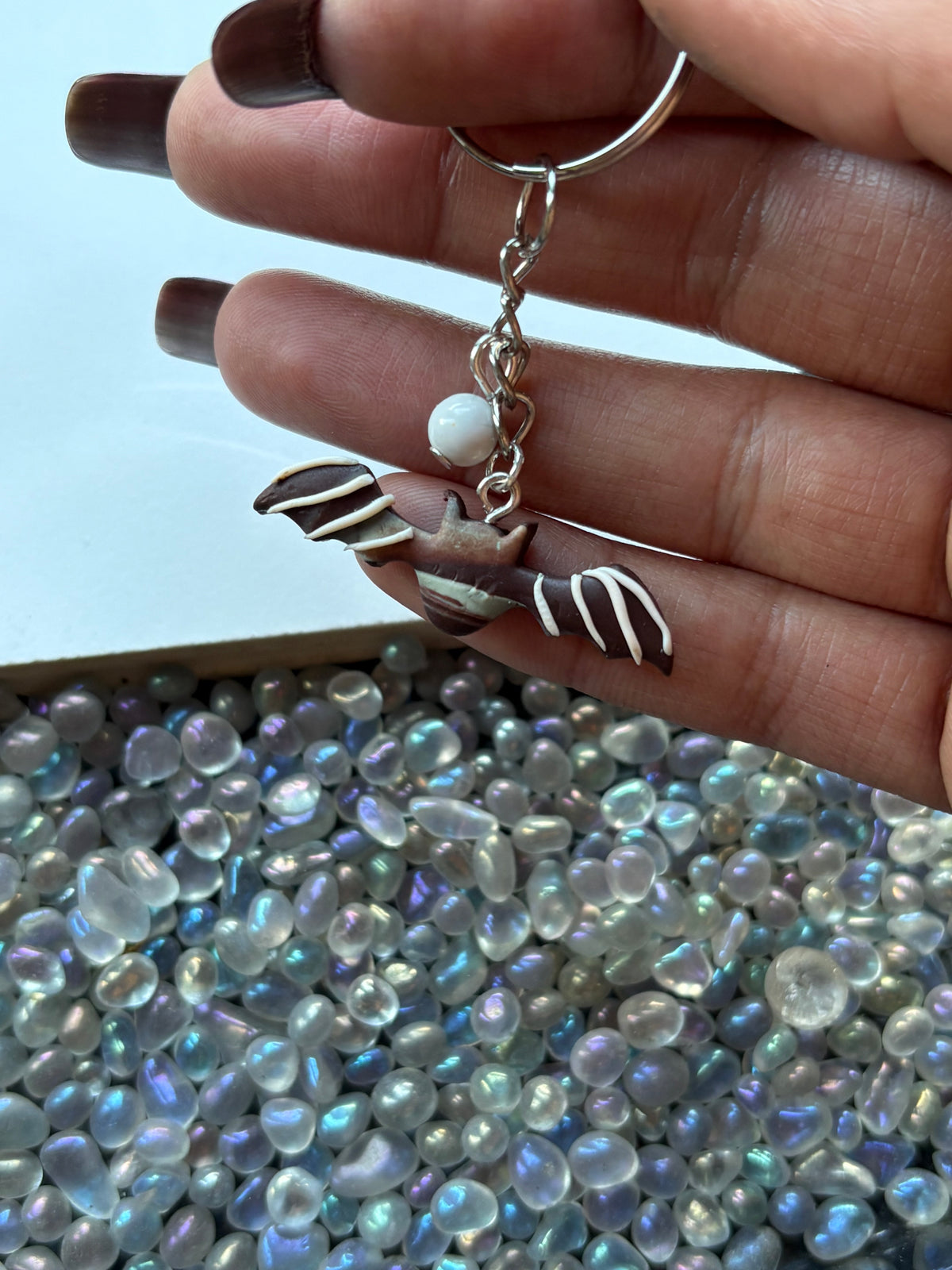 Chocolate Candy Bat Clay & Howlite Crystal Gemstone Keychain