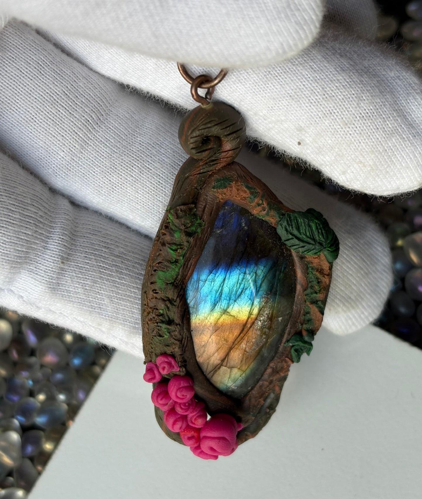 Labradorite Crystal Gemstone Enchanted Rose Clay Pendant Necklace