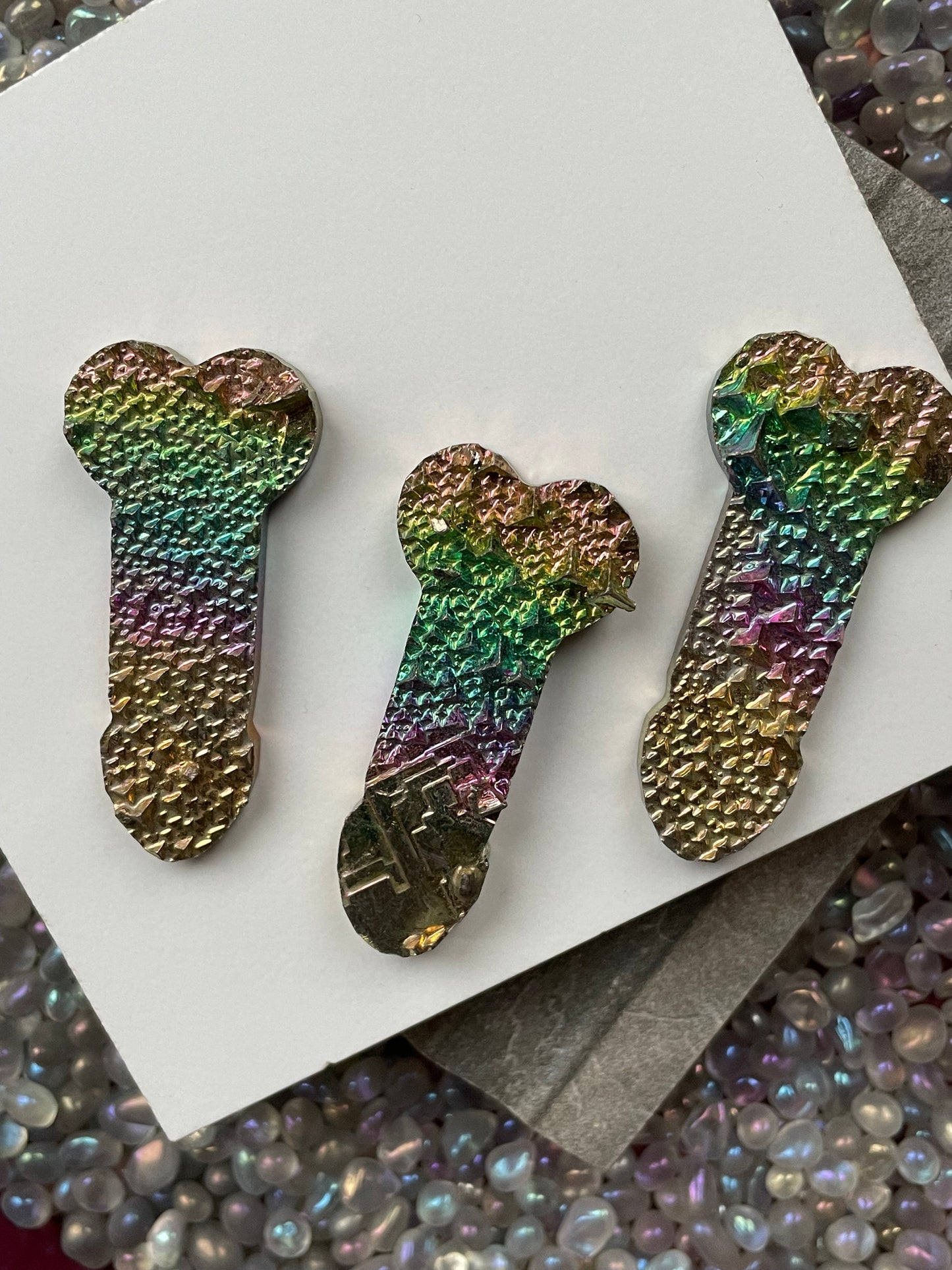 Rainbow Bismuth Crystal Penis Phallus Cut Out Metal Art