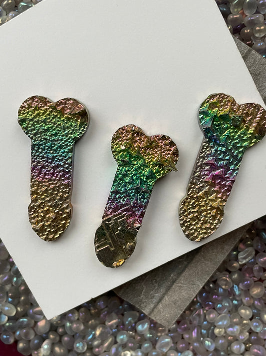 Rainbow Bismuth Crystal Penis Phallus Cut Out Metal Art