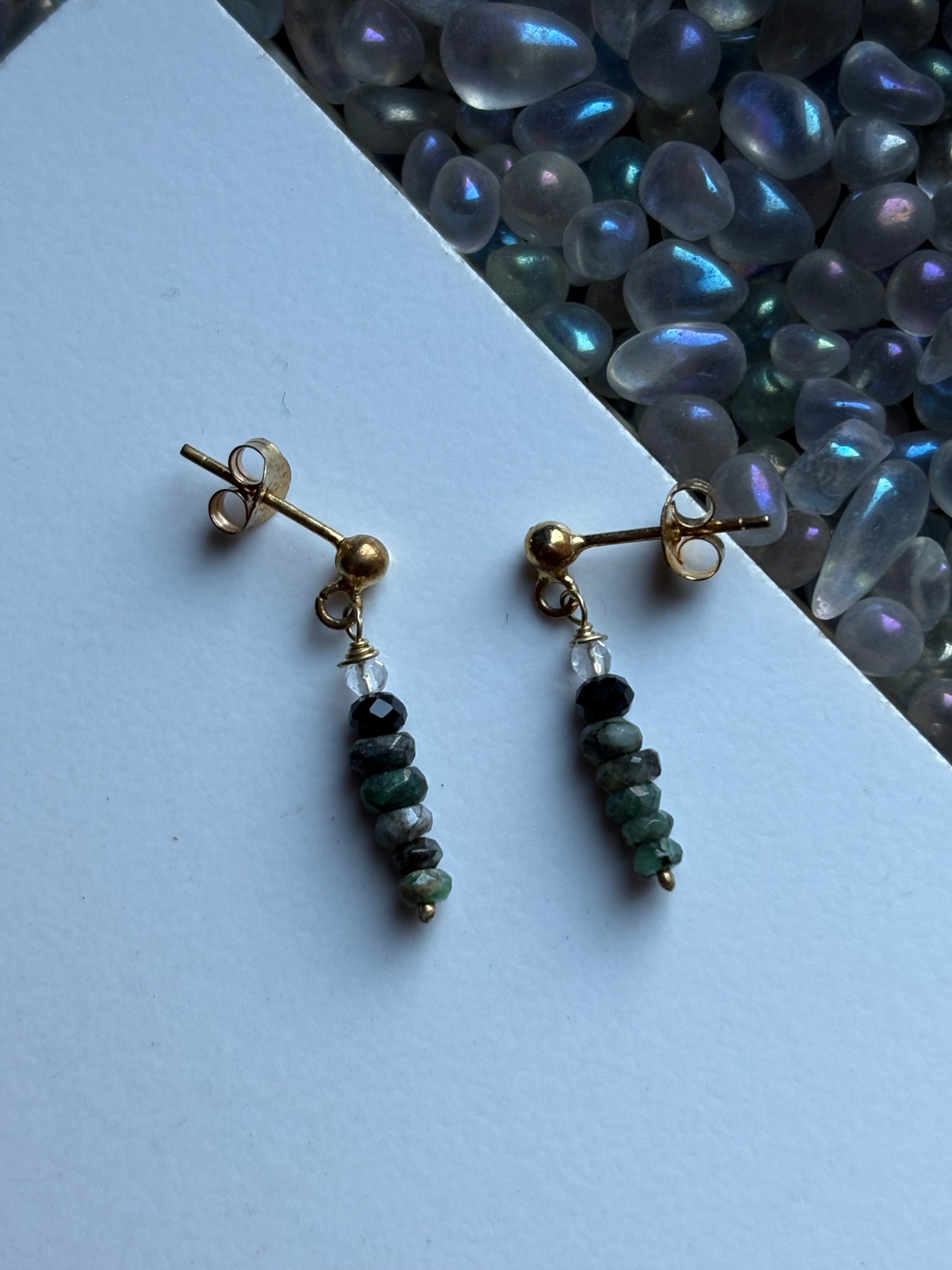 Emerald Spinel & Clear Quartz Crystal Gemstone 925 Gold Earrings (Certified)