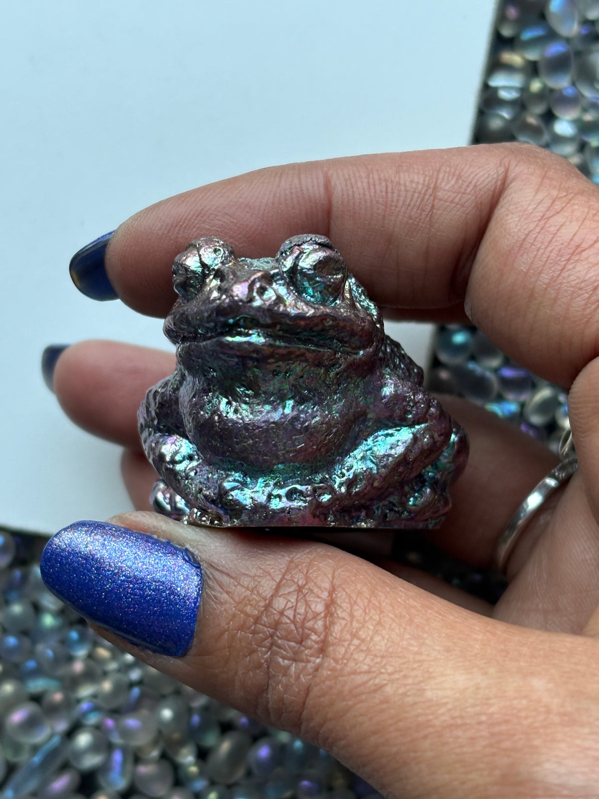 Purple Blue Bismuth Crystal Small Toad Metal Art Sculpture