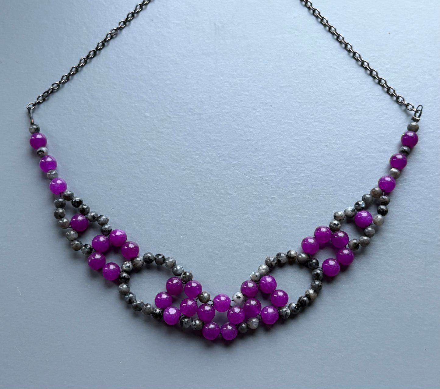 Purple Quartz & Larvikite (black moonstone) Gemstone Beaded Collar Necklace