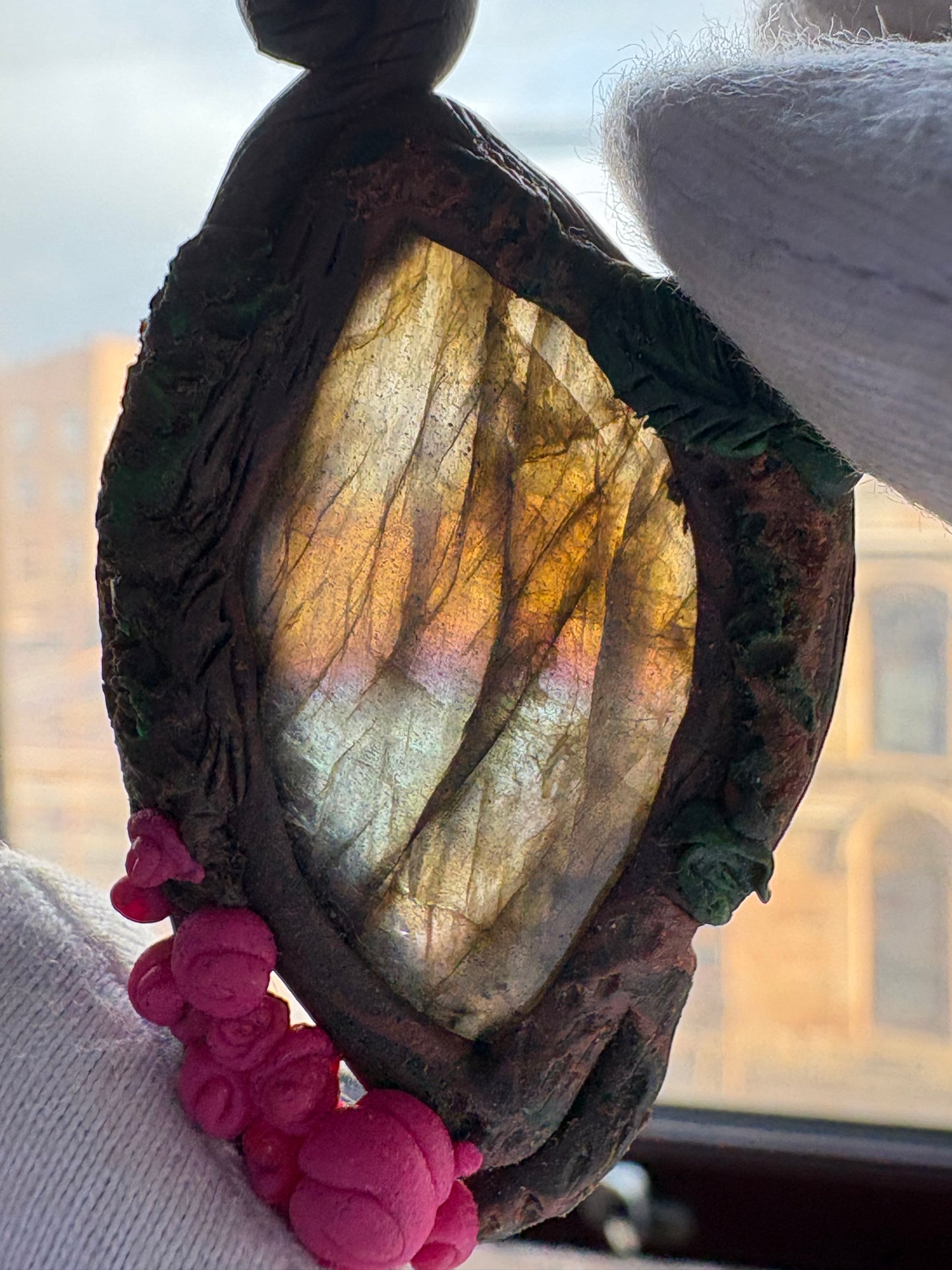 Labradorite Crystal Gemstone Enchanted Rose Clay Pendant Necklace