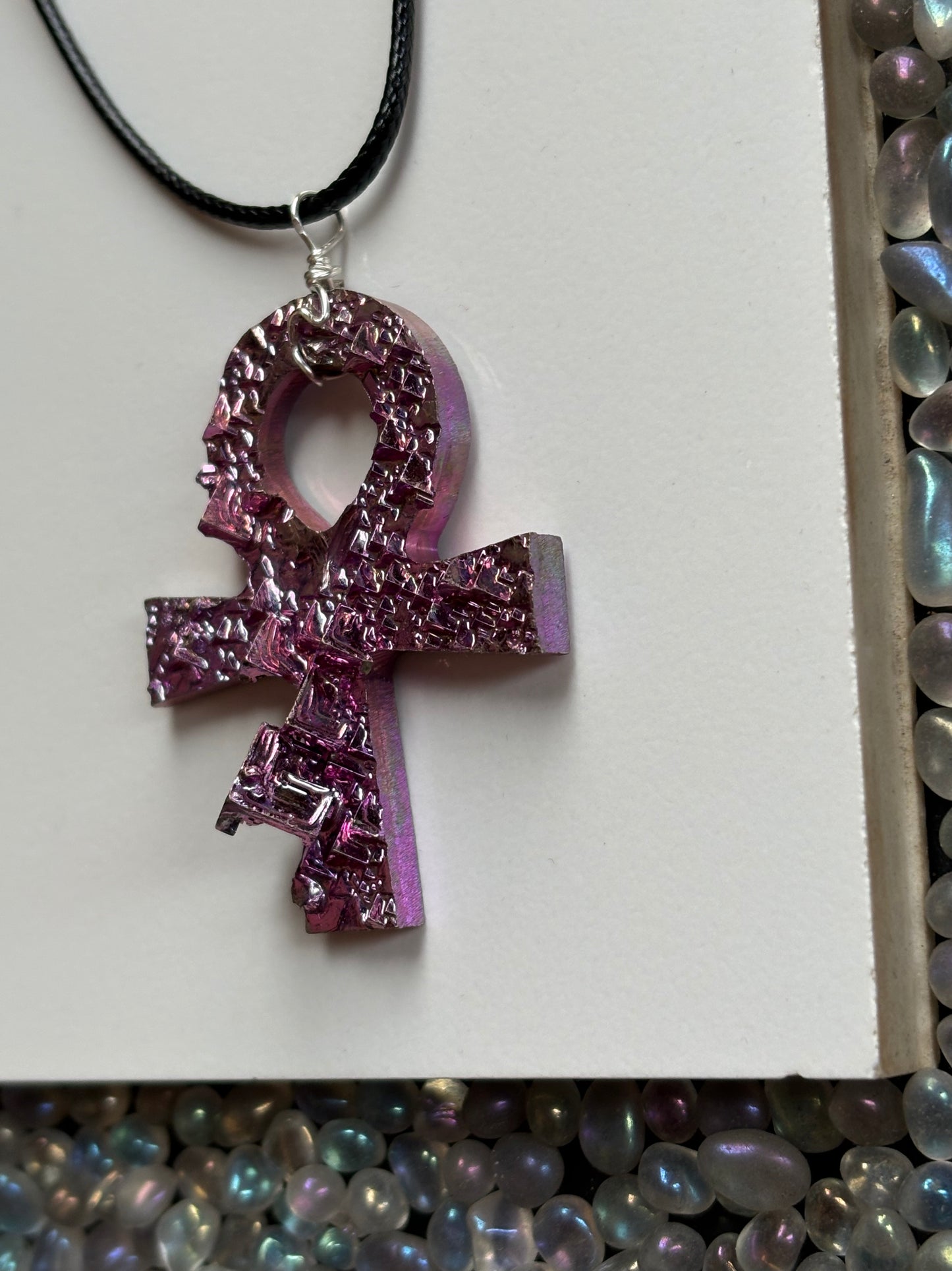 Pink Bismuth Ankh Crystal Cut Out Metal Art Necklace