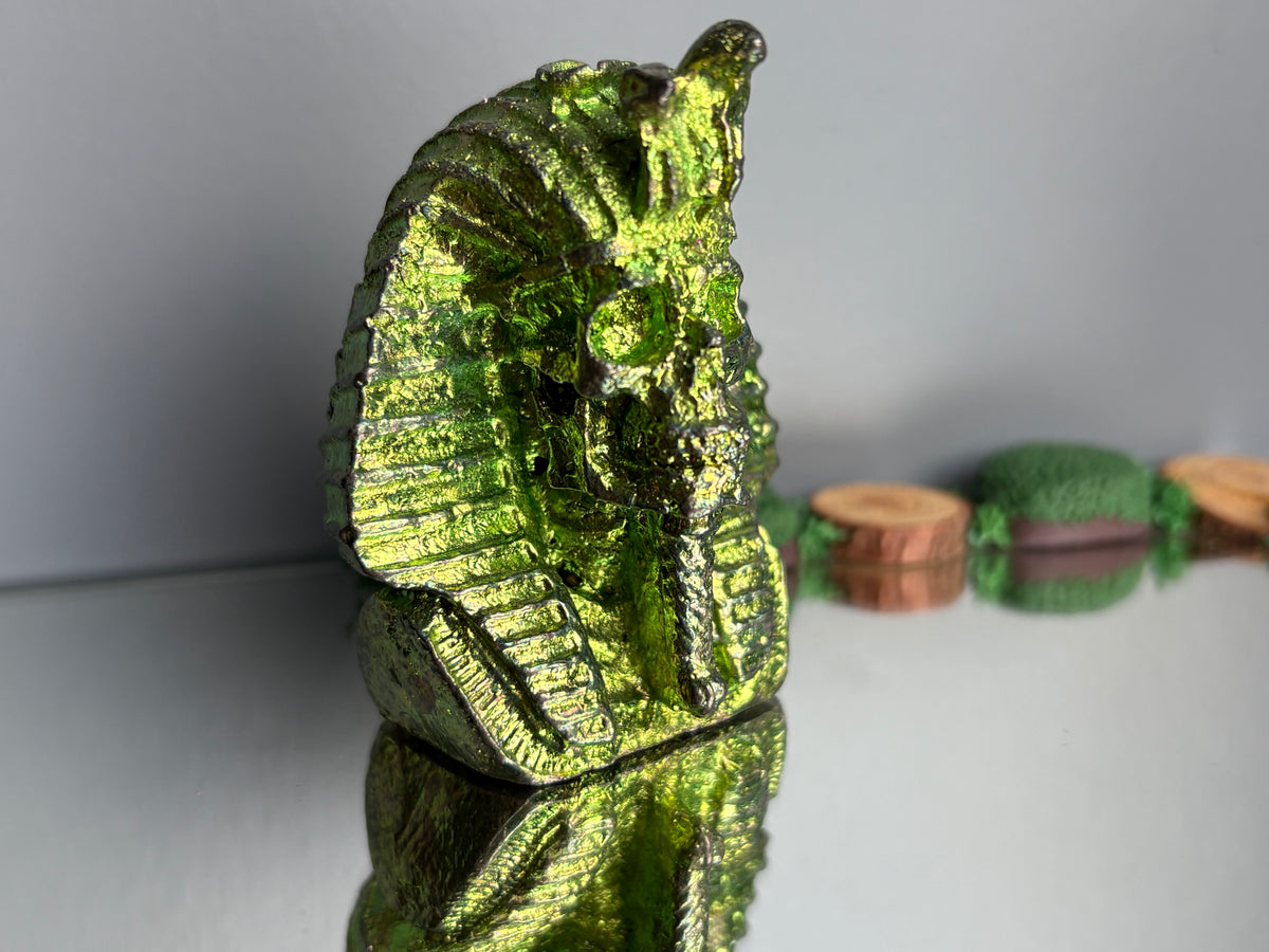 Green Bismuth Crystal King Tutankhamen Skull Metal Art Sculpture