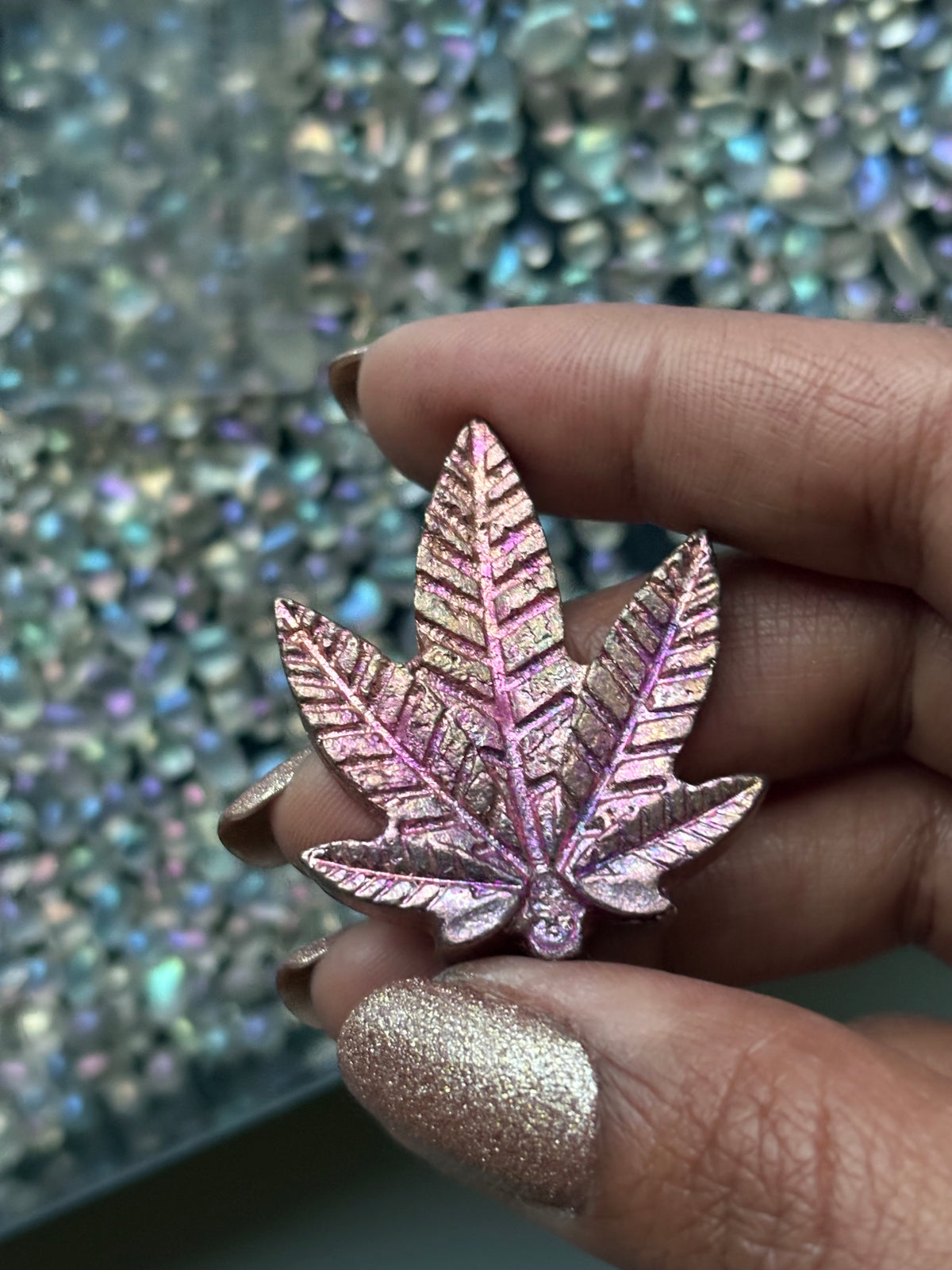 Peach Pink Bismuth Crystal Pot Leaf Metal Art Sculpture