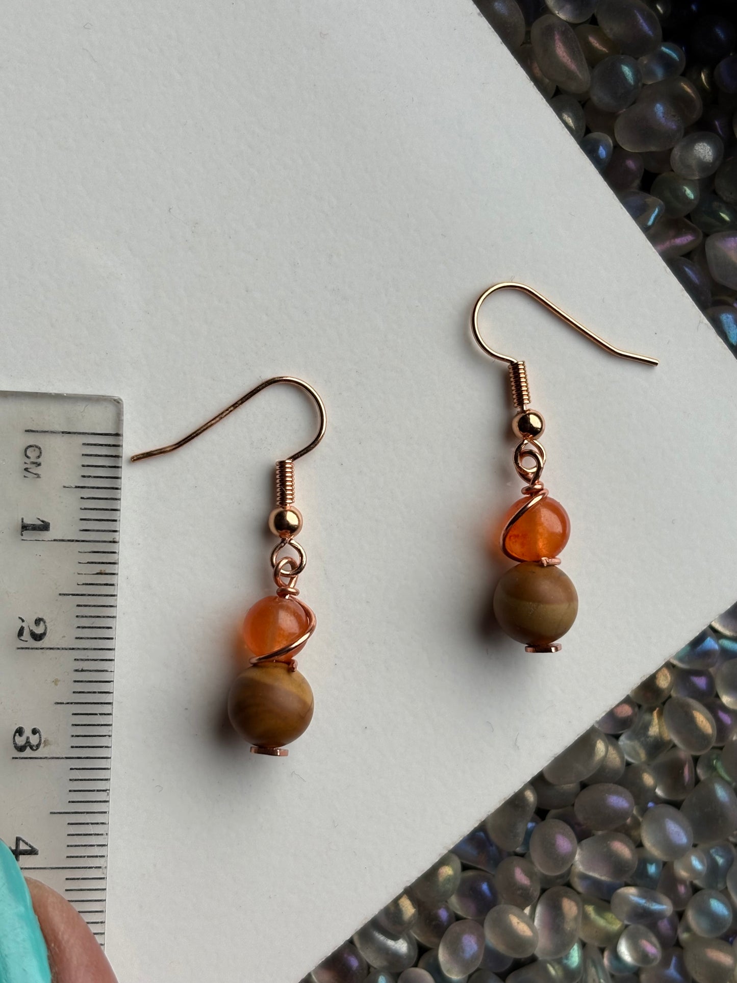 Orange Quartz Crystal Gemstone & Light Wood Rose gold Earrings