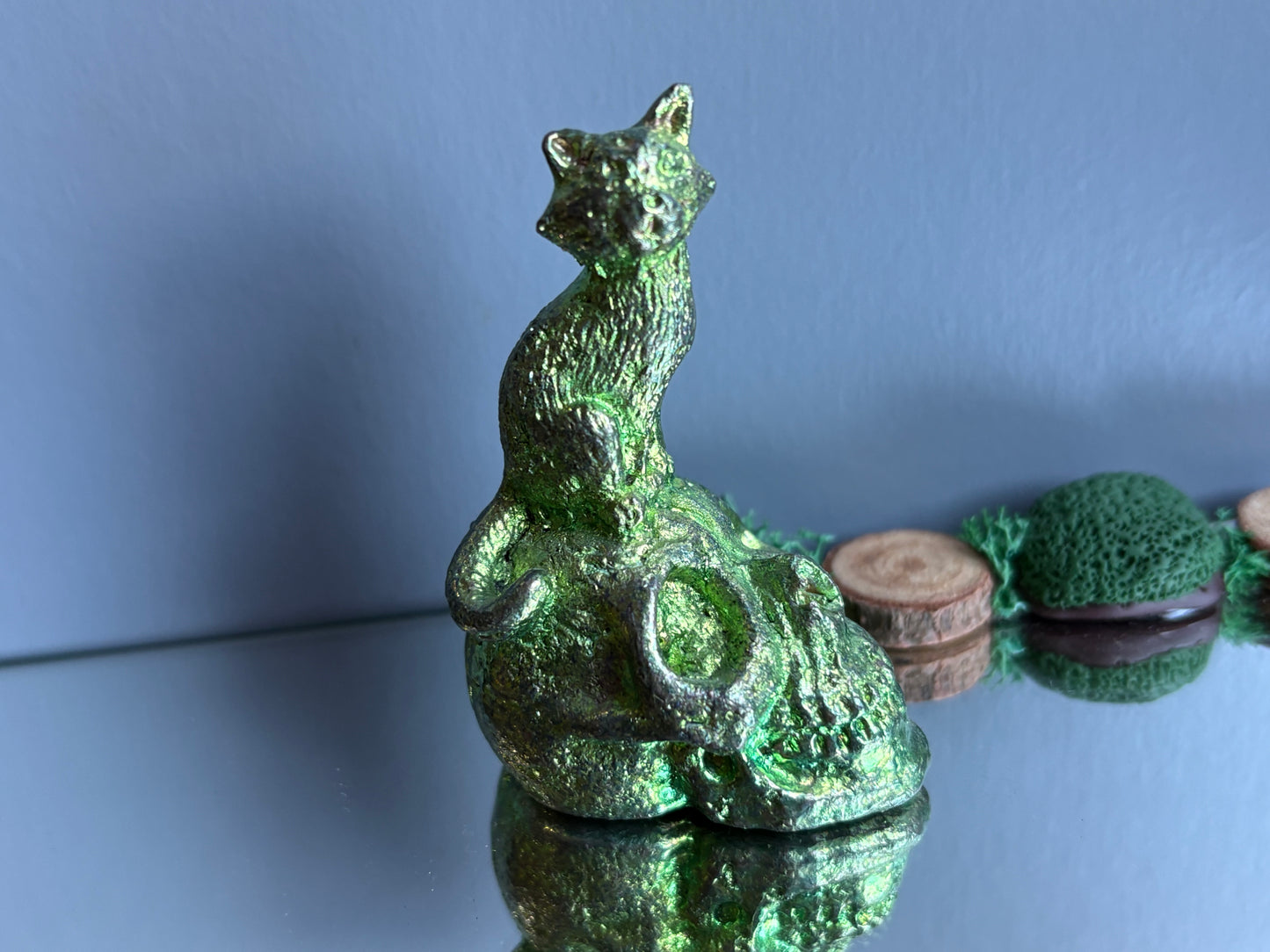 Green Bismuth Crystal Cat on Skull Metal Art Sculpture