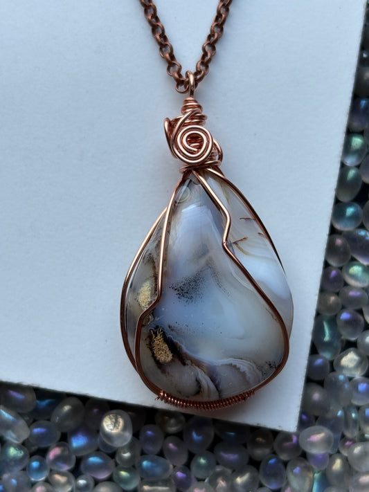 Botswana Dendritic Agate Crystal Gemstone Wire Wrapped Copper Necklace