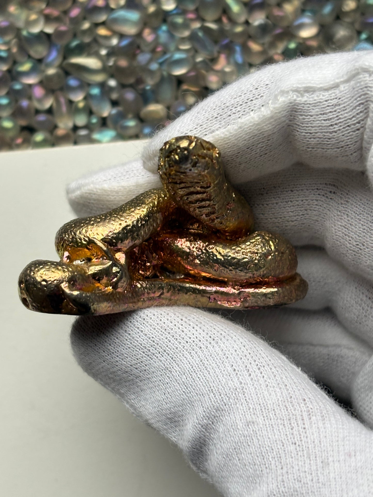 Gold Peach Bismuth Crystal Coil Snake Metal Art Sculpture
