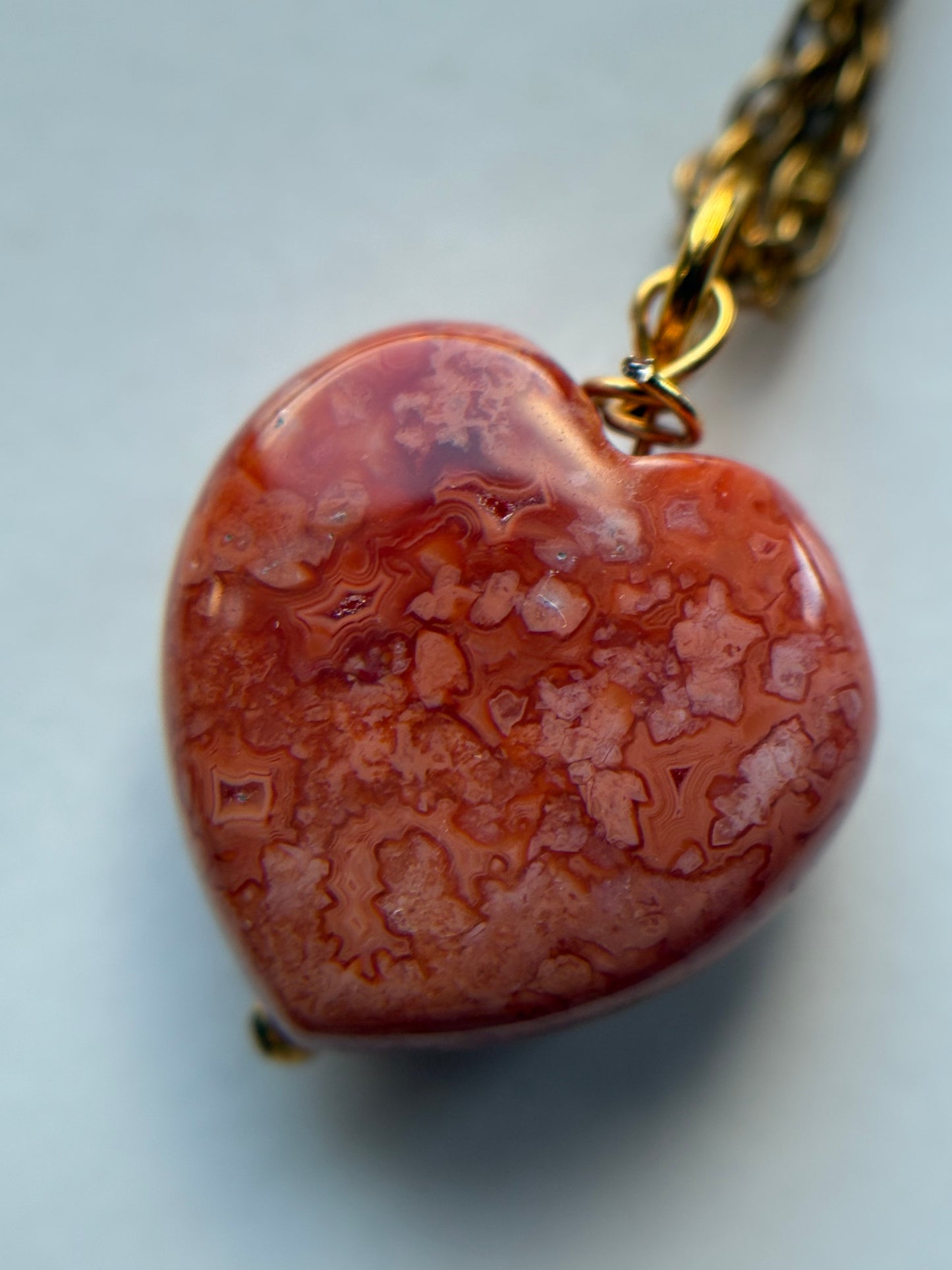 Orange Agate Druzy Coral Fossil Crystal Gemstone Heart Carving Necklace