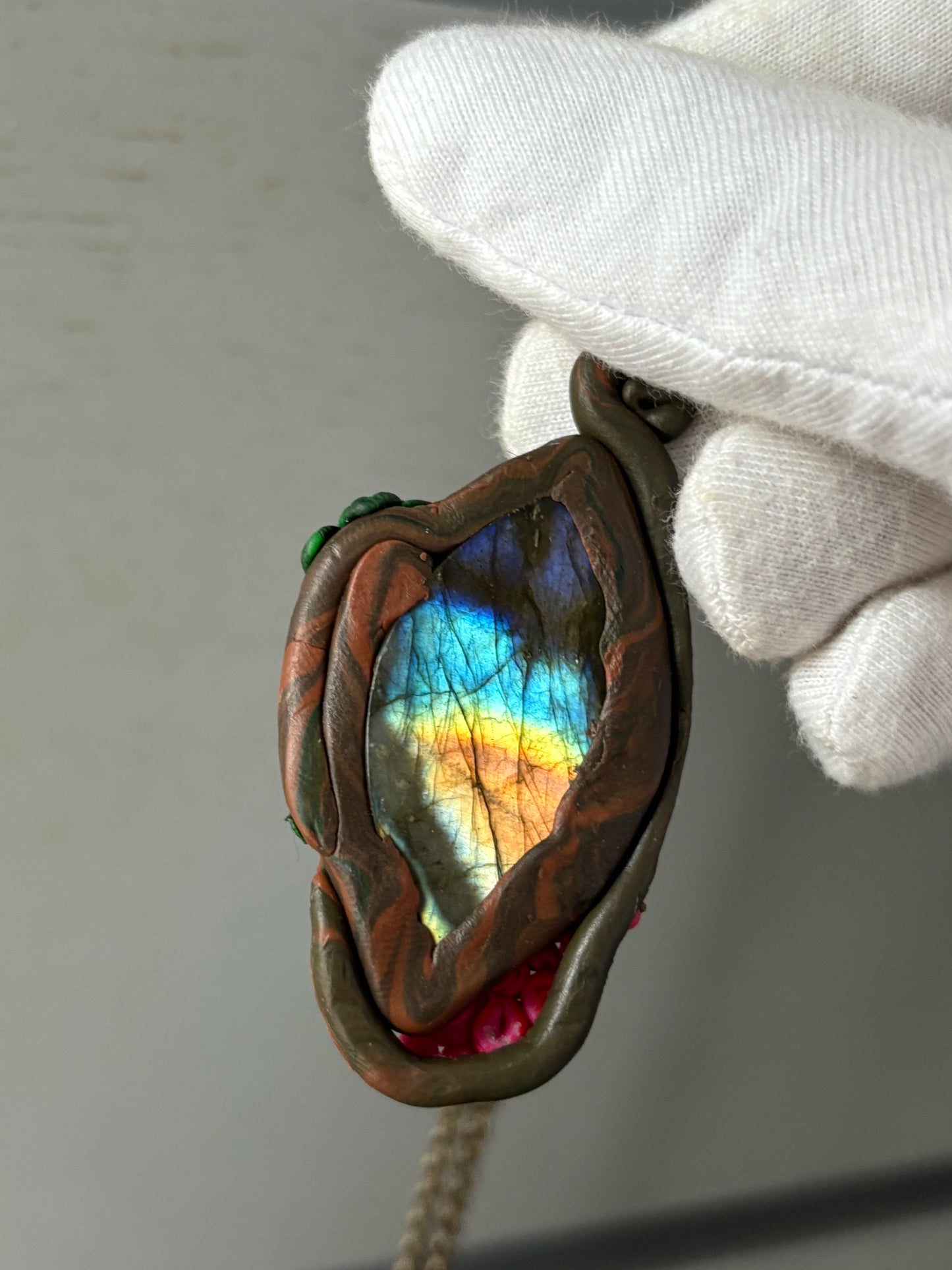 Labradorite Crystal Gemstone Enchanted Rose Clay Pendant Necklace