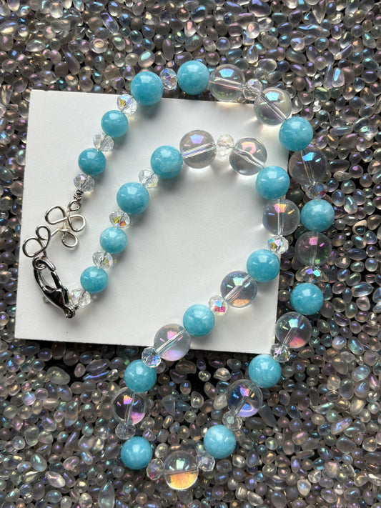 Blue Quartz Gemstone & Aura Coated Glass Crystal Beaded Silver Chunky Necklace