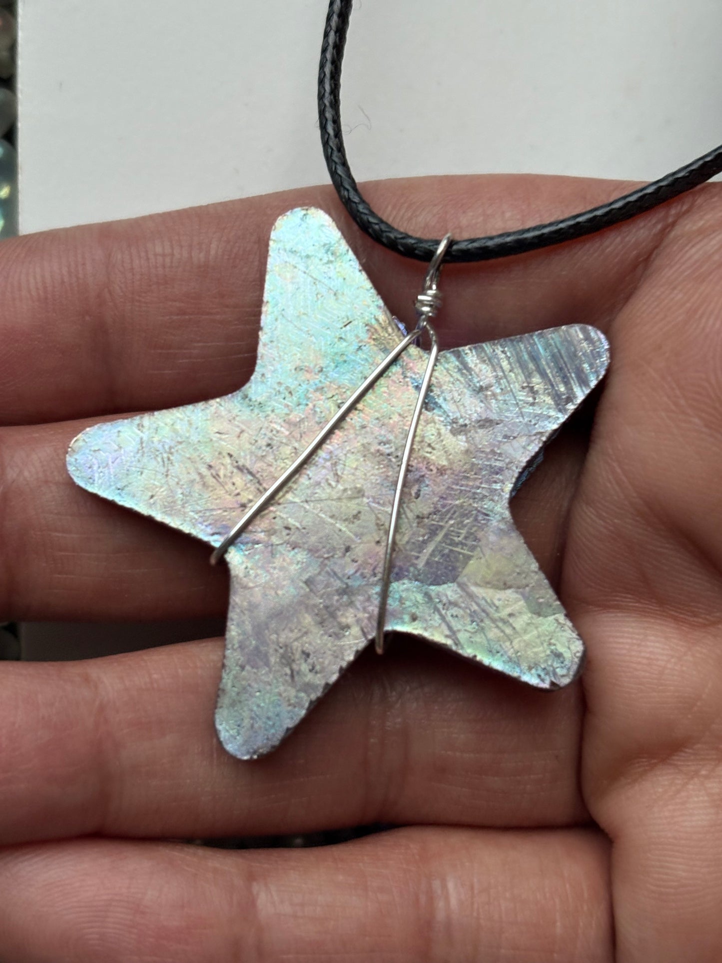 Purple Blue Bismuth Crystal Star Cut Out Metal Art Cord Necklace