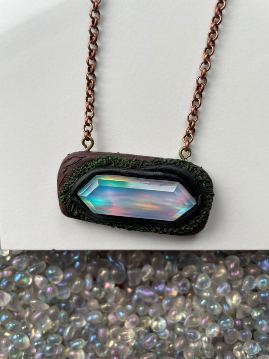 Elongated Aurora Opal Doublet Crystal Gemstone - Enchanted Forest Necklace