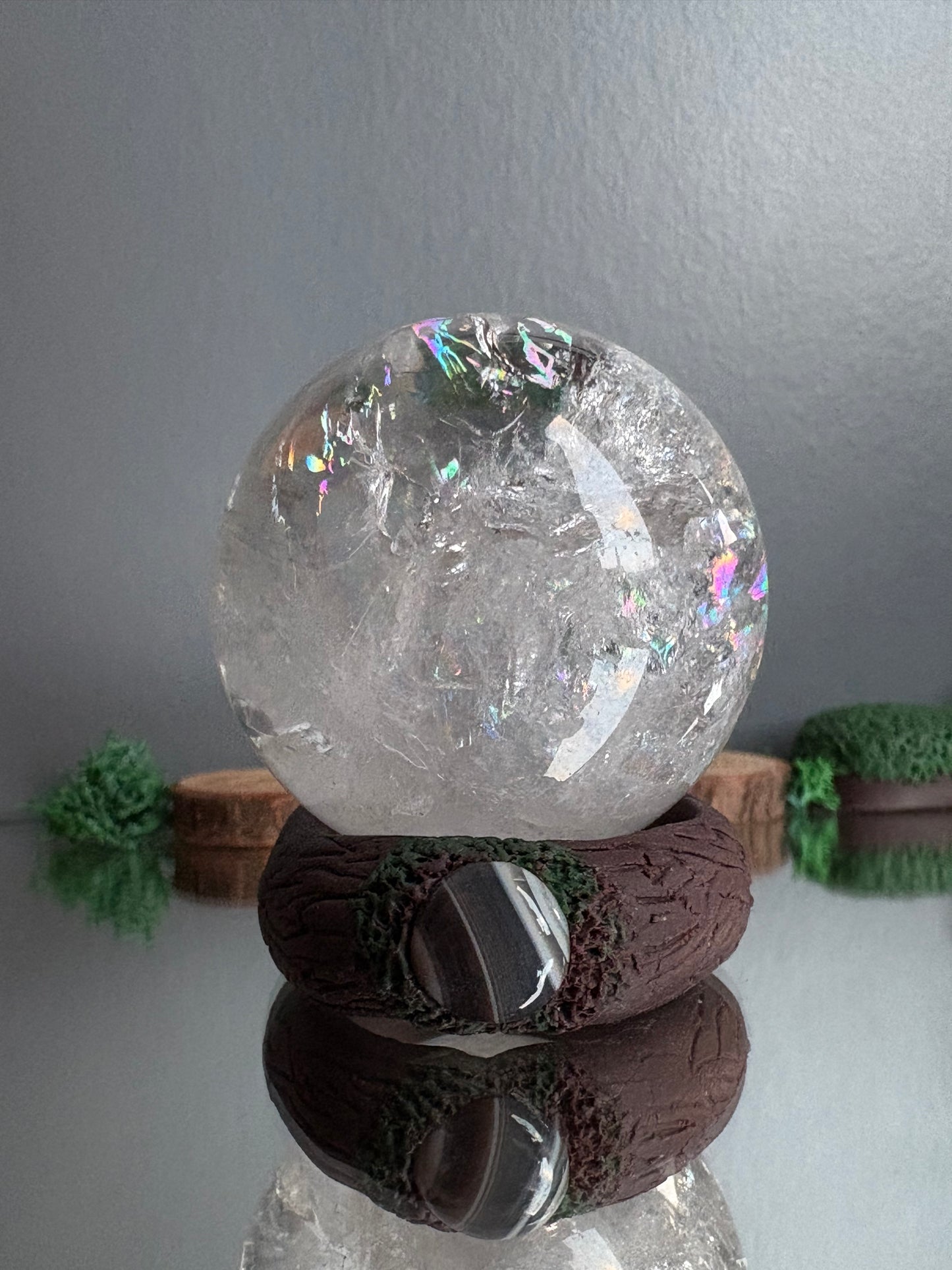 Rainbow Quartz Crystal Gemstone Sphere Clay Agate Ring Holder Gift Set