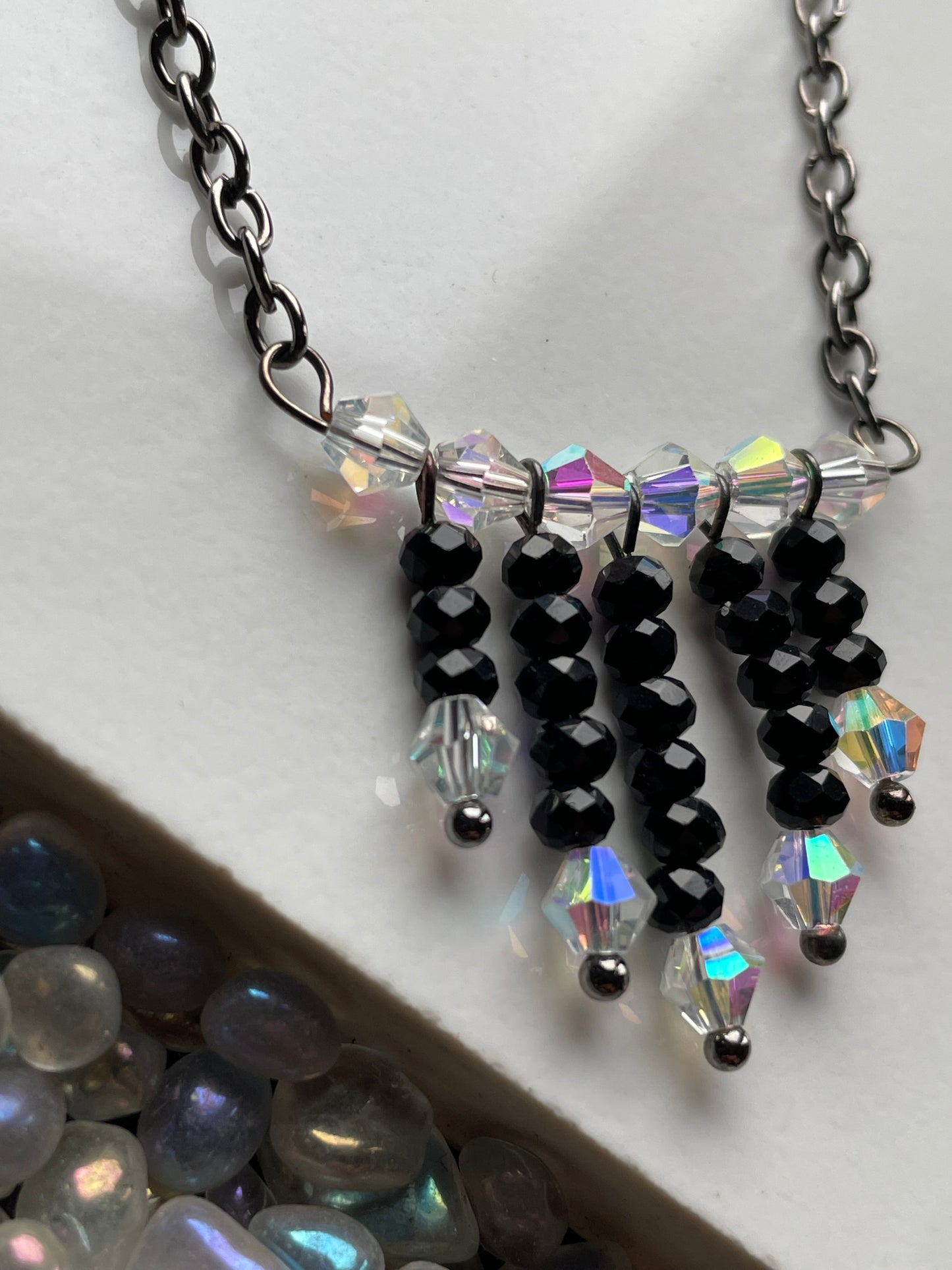 Black Spinel Gemstone & AB Swarovski Crystal Waterfall Necklace Set
