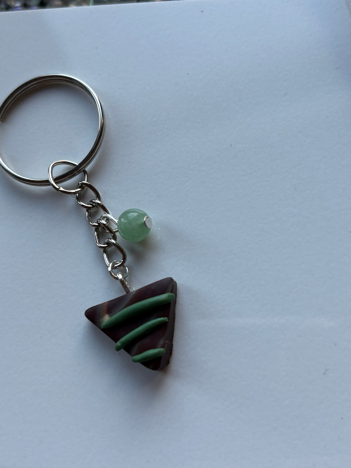 Chocolate Candy Triangle Clay & Green Aventurine Crystal Gemstone Keychain