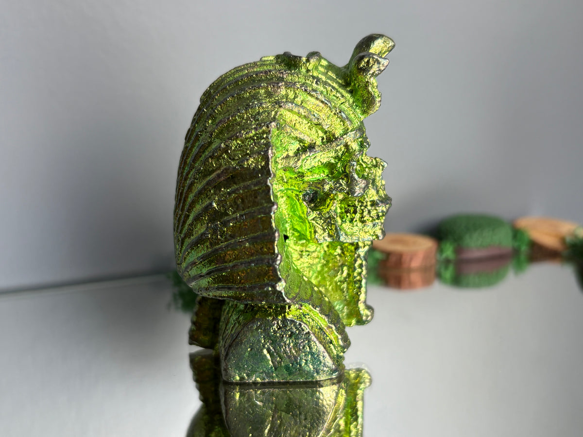 Green Bismuth Crystal King Tutankhamen Skull Metal Art Sculpture