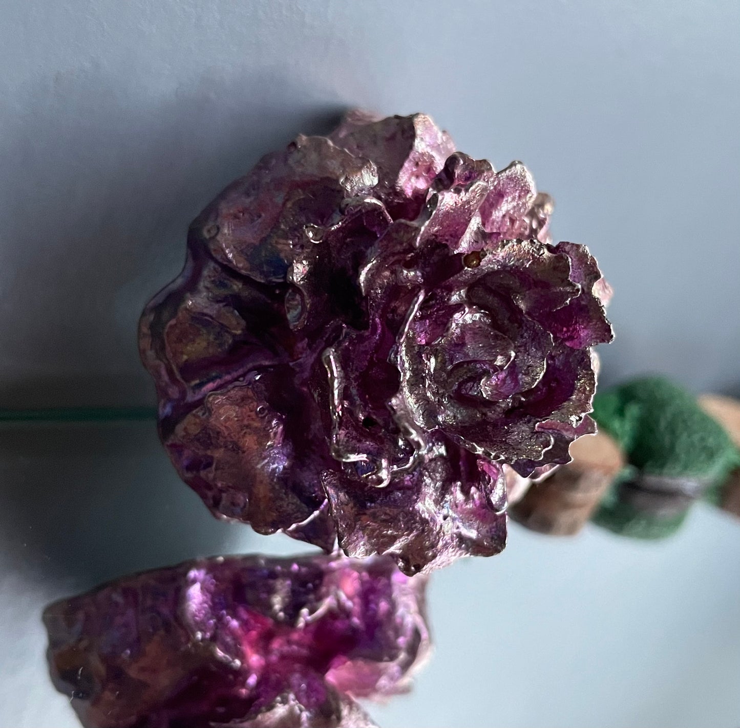 Pink Bismuth Crystal Small Rose Flower Metal Art Sculpture