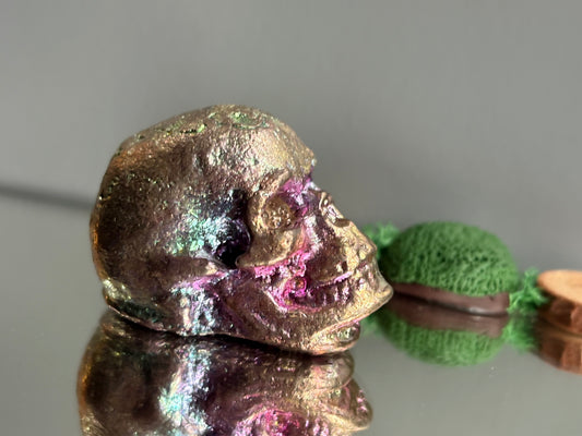 Blue Pink Bismuth Crystal Small Skull Metal Sculpture