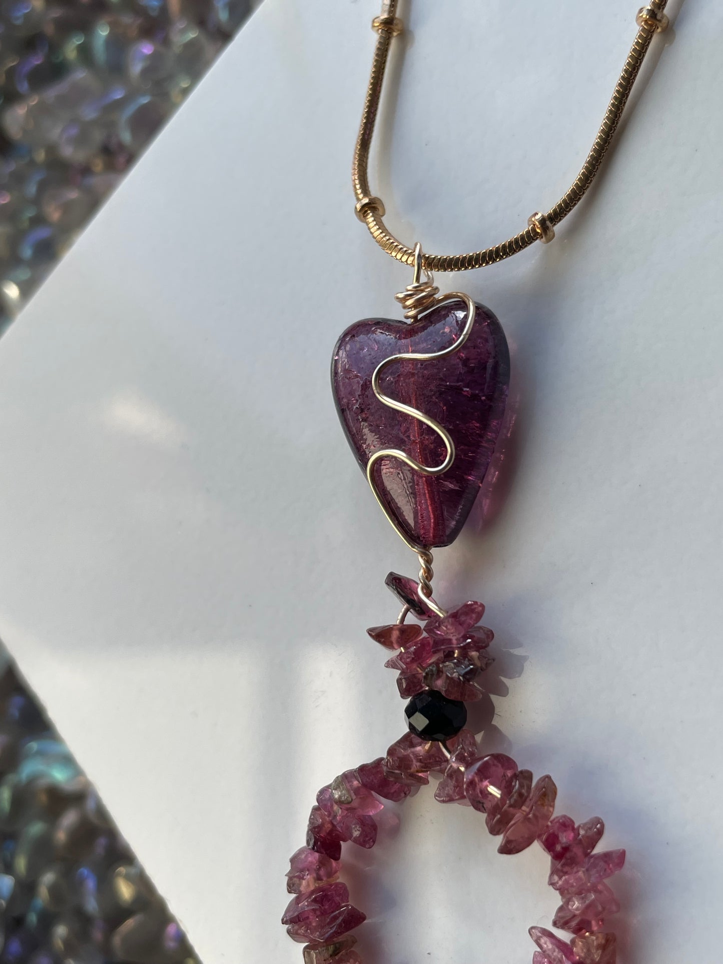 Pink Tourmaline Crystal Gemstone Rough Nugget Heart Necklace