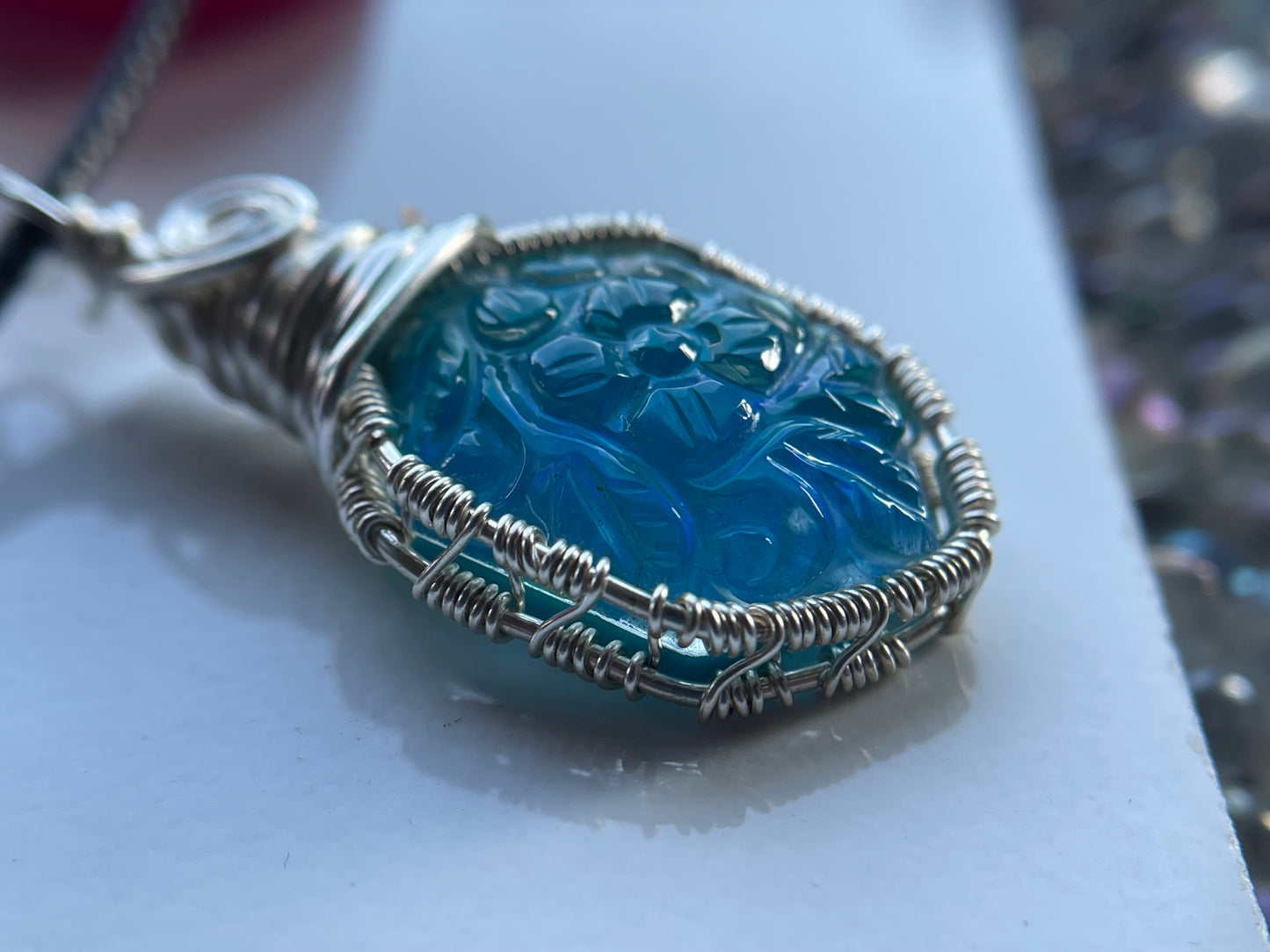 Carved Aurora Opal Doublet Crystal Gemstone - Wire Wrapped Necklace