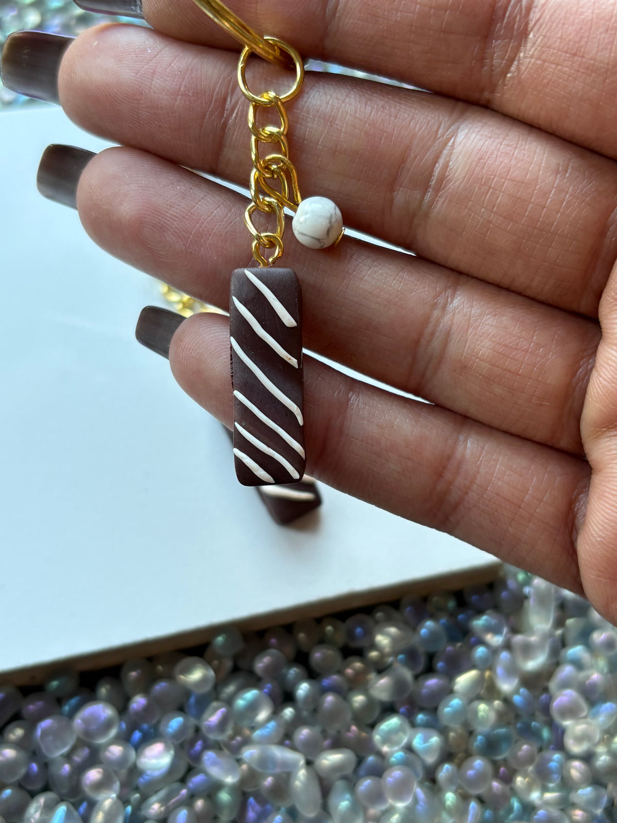 Chocolate Candy Bar Clay & Howlite Crystal Gemstone Keychain (Gold)