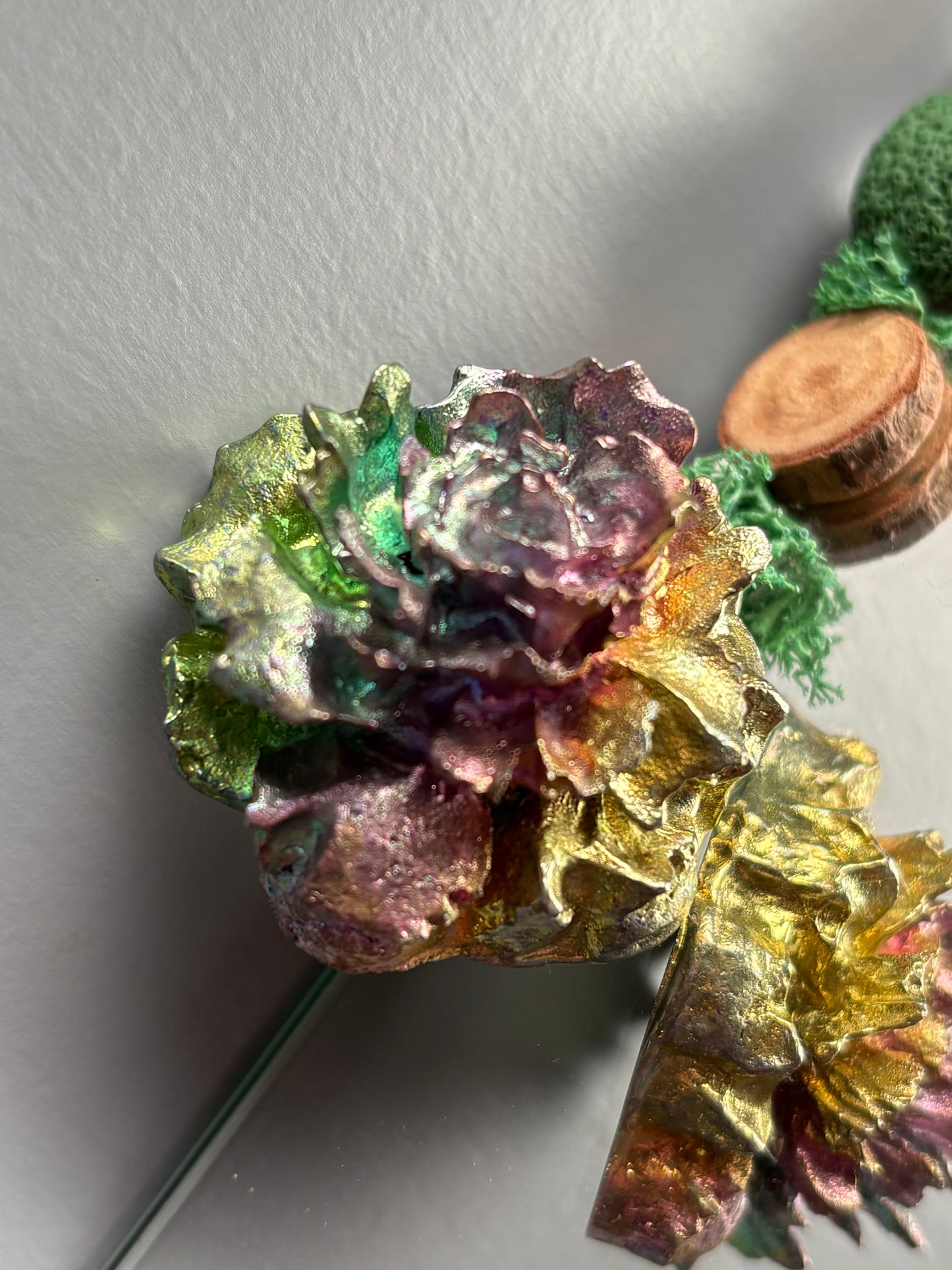 Rainbow Bismuth Crystal Rose Flower Metal Art Sculpture - Small