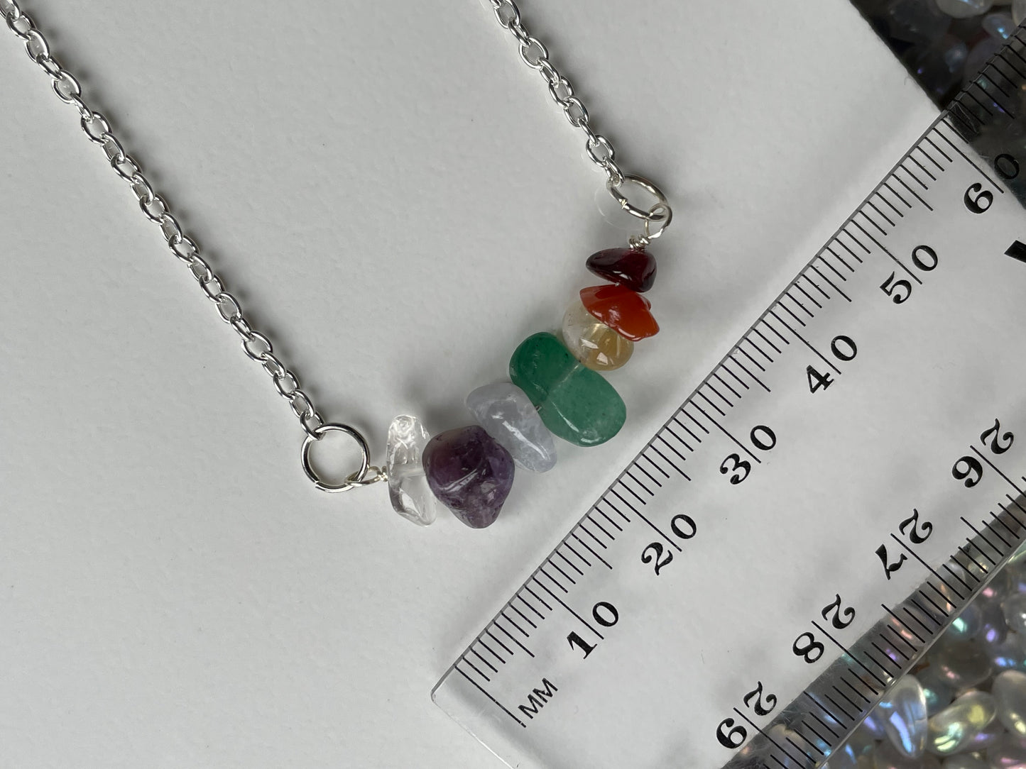 Chakra Bar Crystal Gemstone Chip Silver Necklace