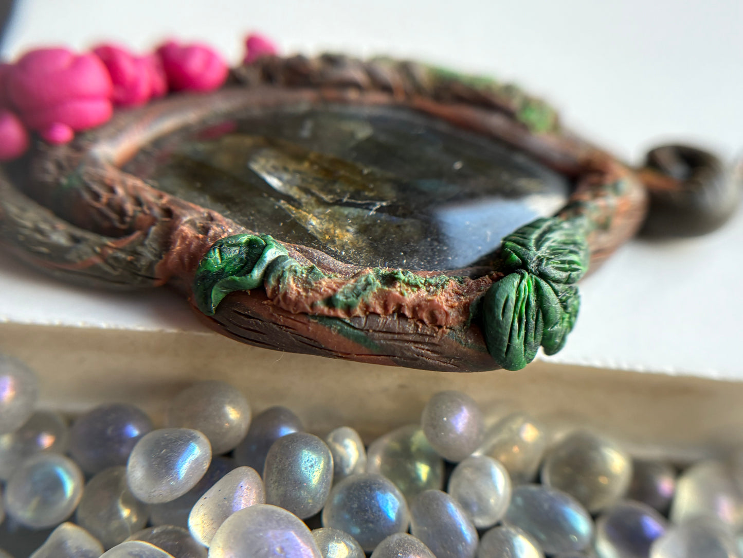 Labradorite Crystal Gemstone Enchanted Rose Clay Pendant Necklace