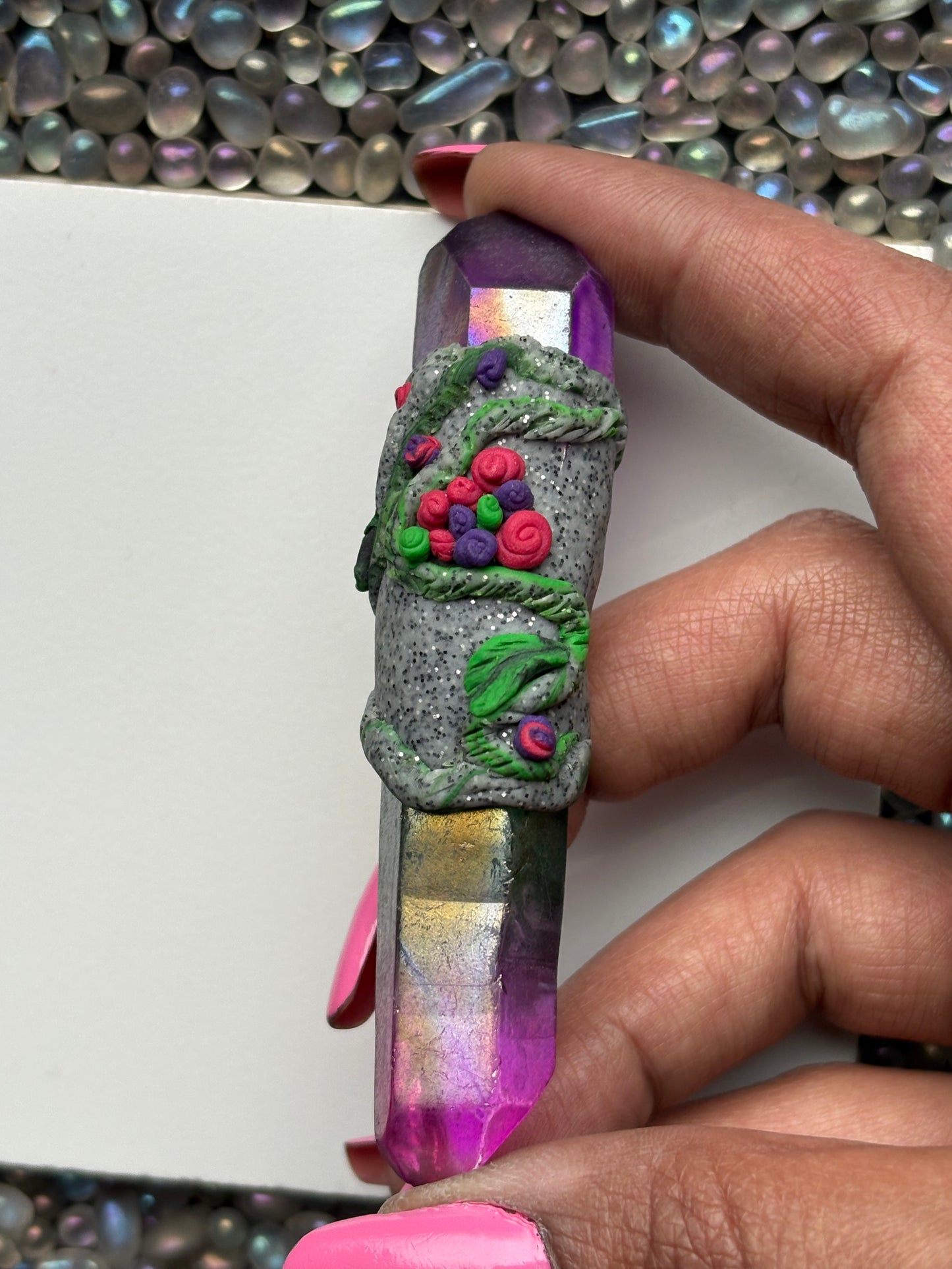 Purple Pink Green Aura Quartz Crystal Gemstone Granite Rose Flower Clay Wand - English Rose