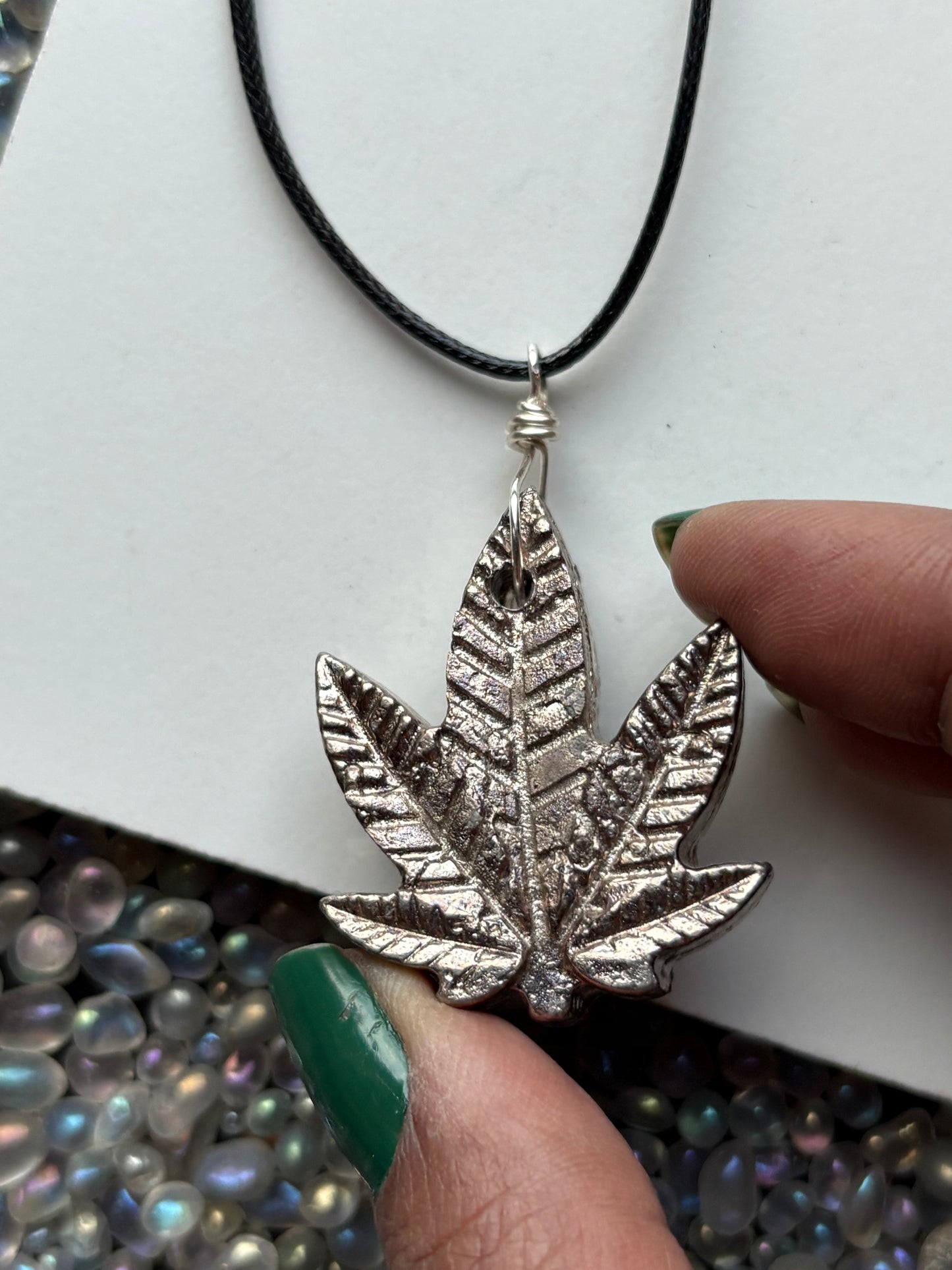 Silver Bismuth Crystal Silver Haze Leaf Necklace (1)