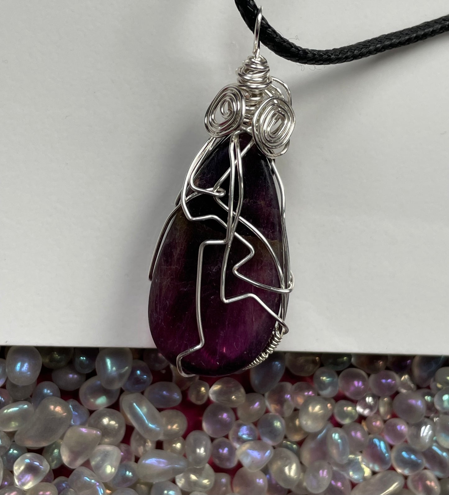 Purple Fluorite Crystal Gemstone Wire Wrap Silver Necklace
