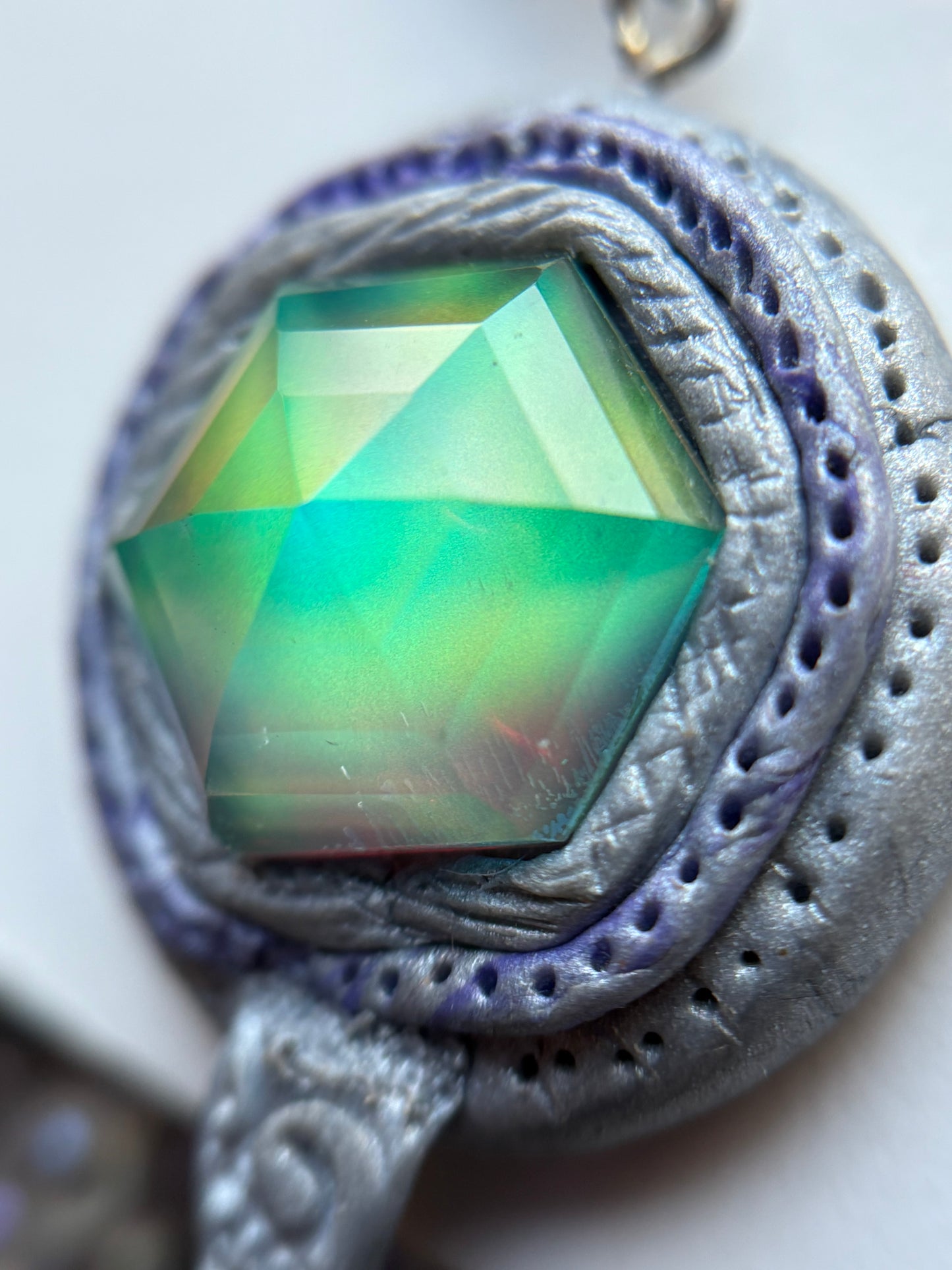 Aurora Opal Doublet Crystal Gemstone - Silver Lilac Hexagonal Dome - Necklace