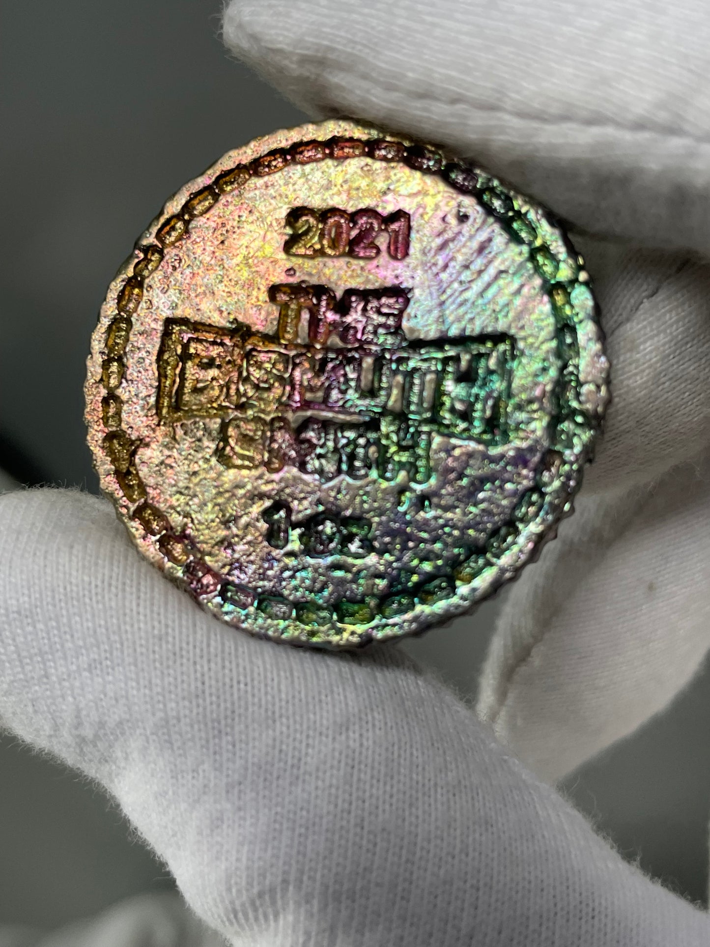 Rainbow Bismuth Crystal Star Coin Metal Sculpture Art (1)