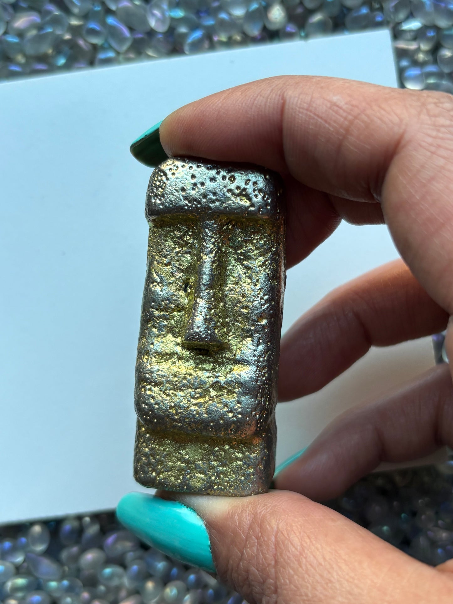 Gold Bismuth Crystal Moai Head Easter Island Metal Art Sculpture