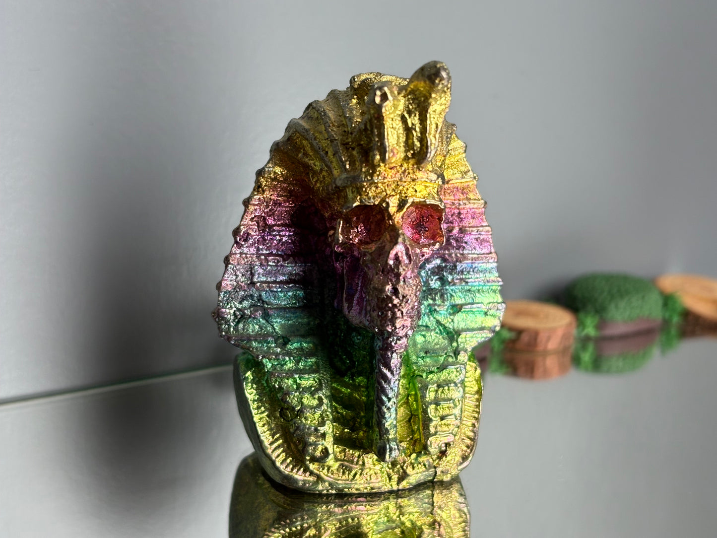 Rainbow Bismuth Crystal King Tutankhamen Skull Metal Art Sculpture