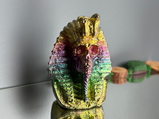 Rainbow Bismuth Crystal King Tutankhamen Skull Metal Art Sculpture
