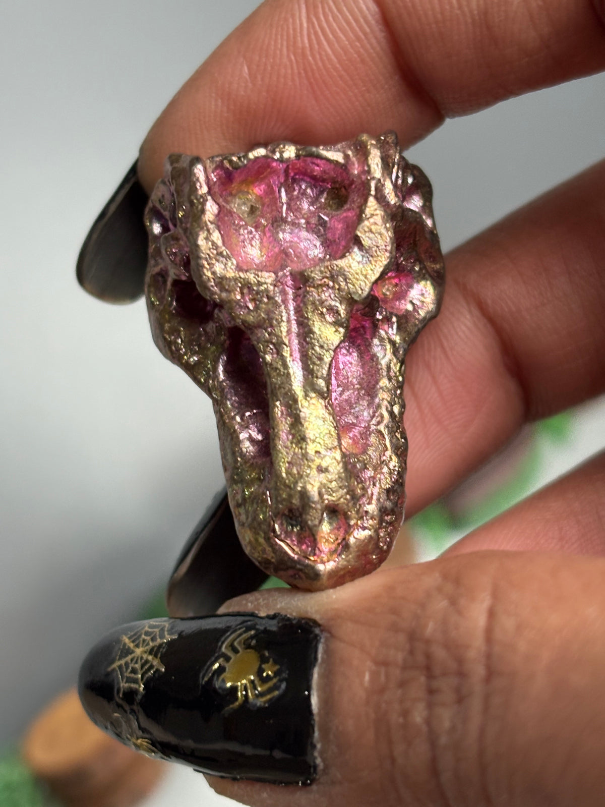 Pink Bismuth Crystal Small Trex Skull Metal Art Sculpture