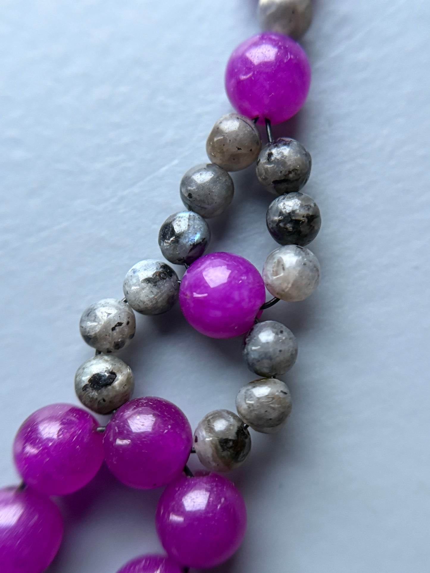 Purple Quartz & Larvikite (black moonstone) Gemstone Beaded Collar Necklace