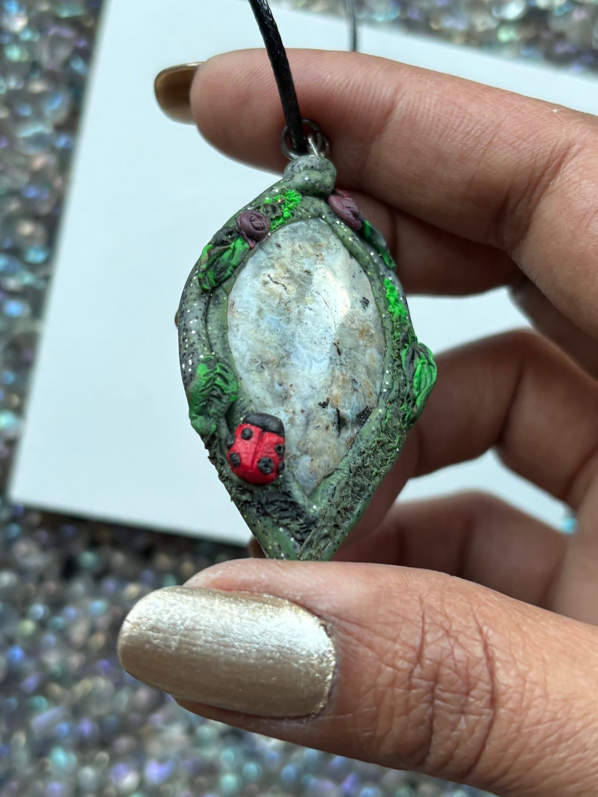 Ocean Jasper Gemstone Crystal Enchanted Garden - Ladybug Necklace - Oval