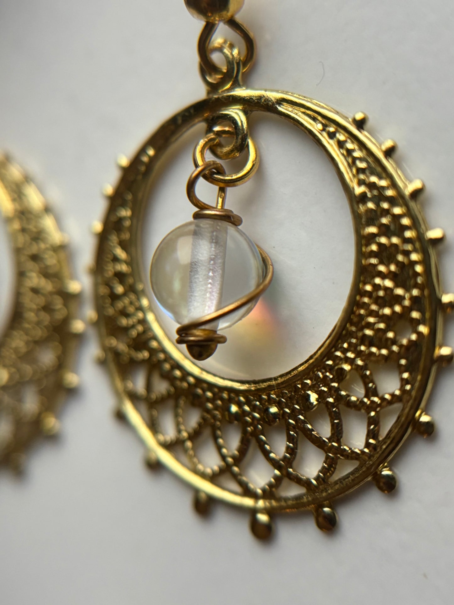 Angel Aura Quartz Crystal Gemstone Gold Filigree Hoop Earrings