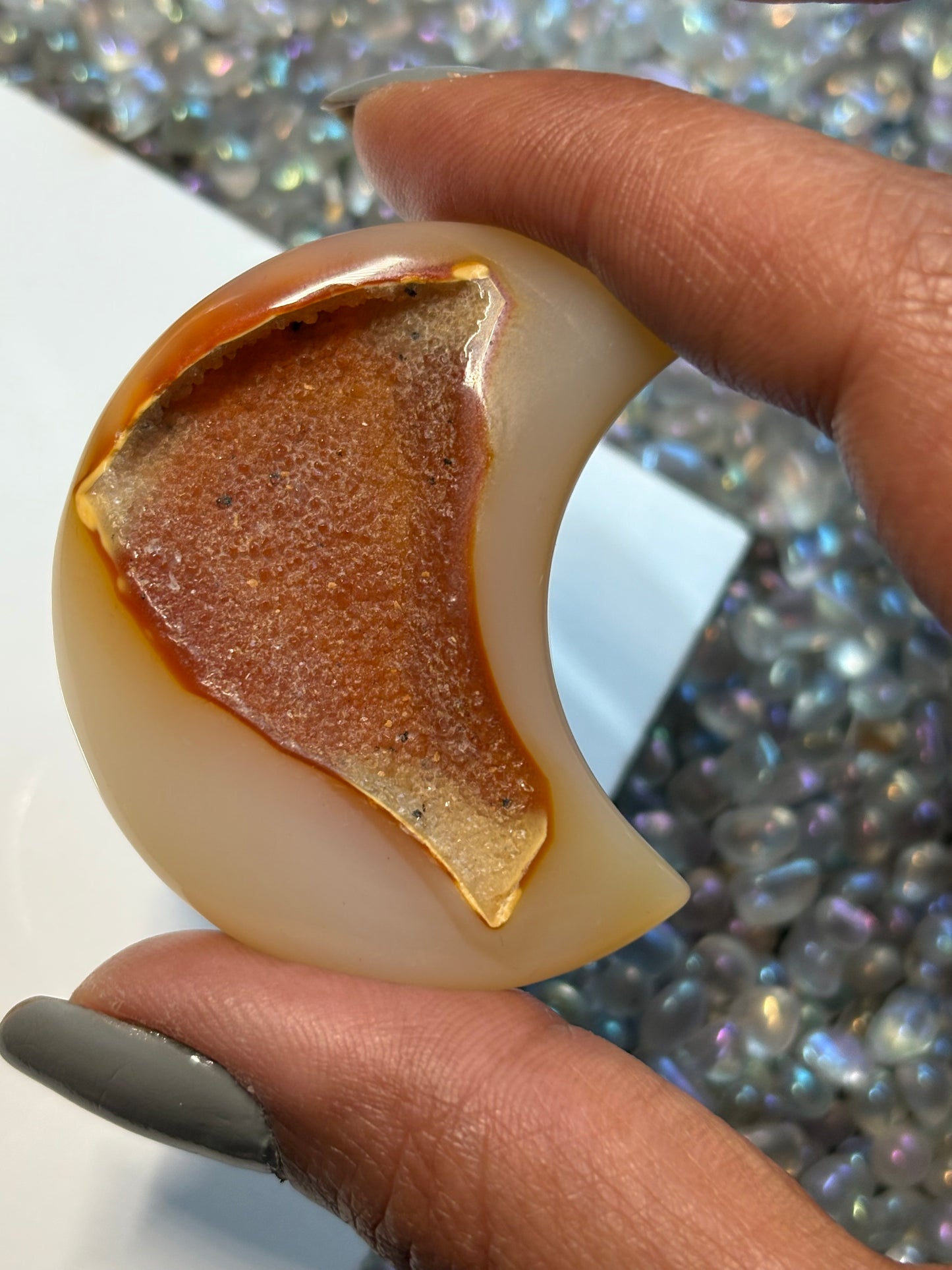 Cream Yellow Brown Druzy Agate Gemstone Crystal Crescent Moon Carving