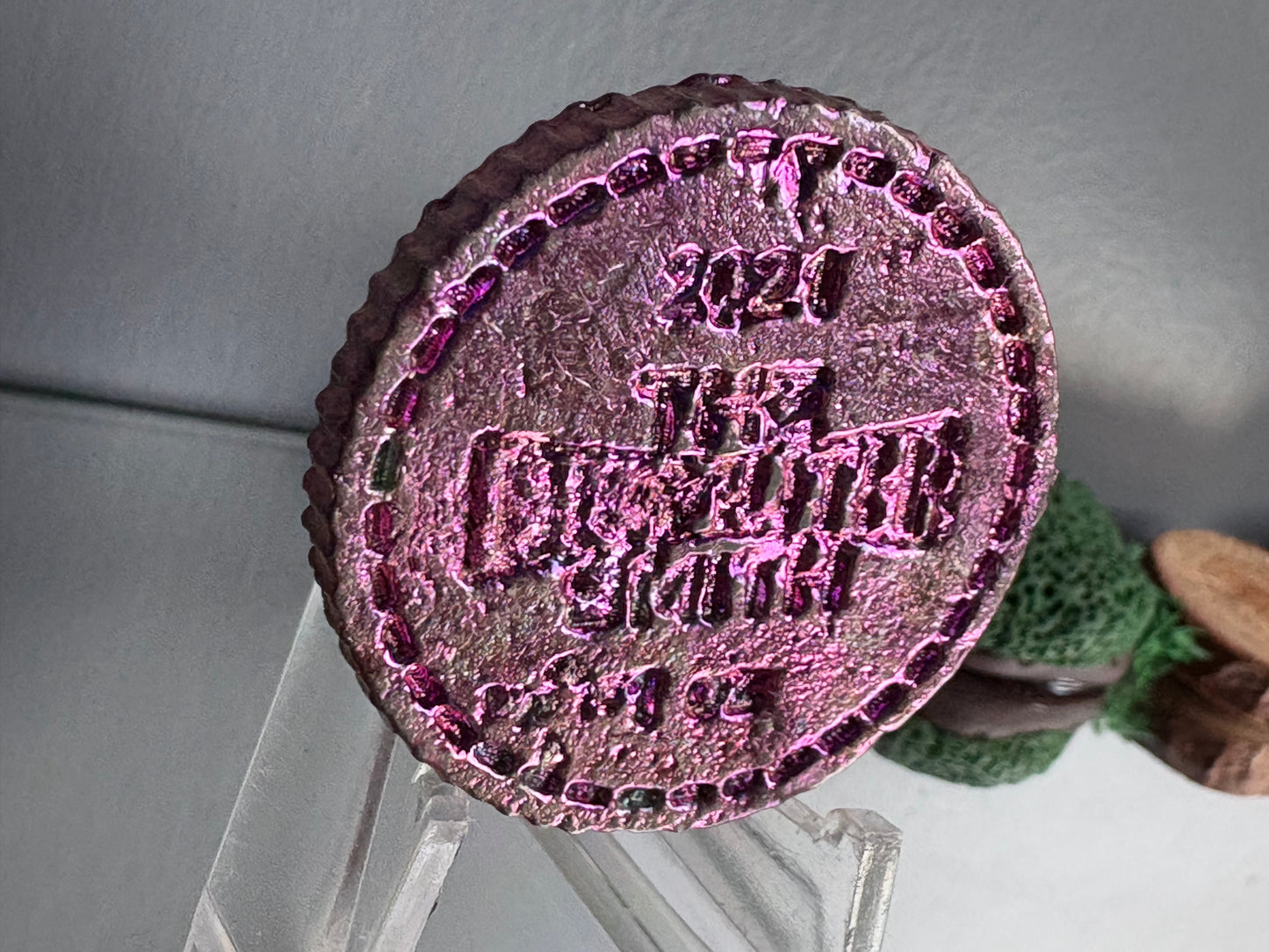 Pink Bismuth Crystal Om Coin Metal Art Sculpture