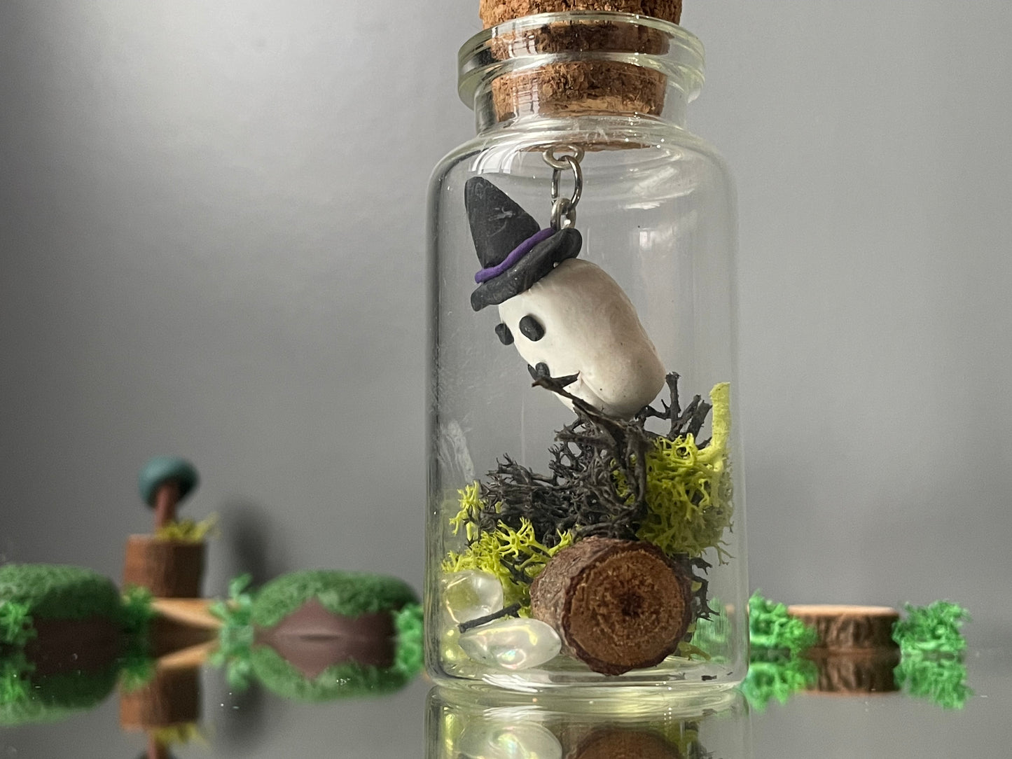 Floating Witchy Ghost In Garden Clay Glass Vial Art