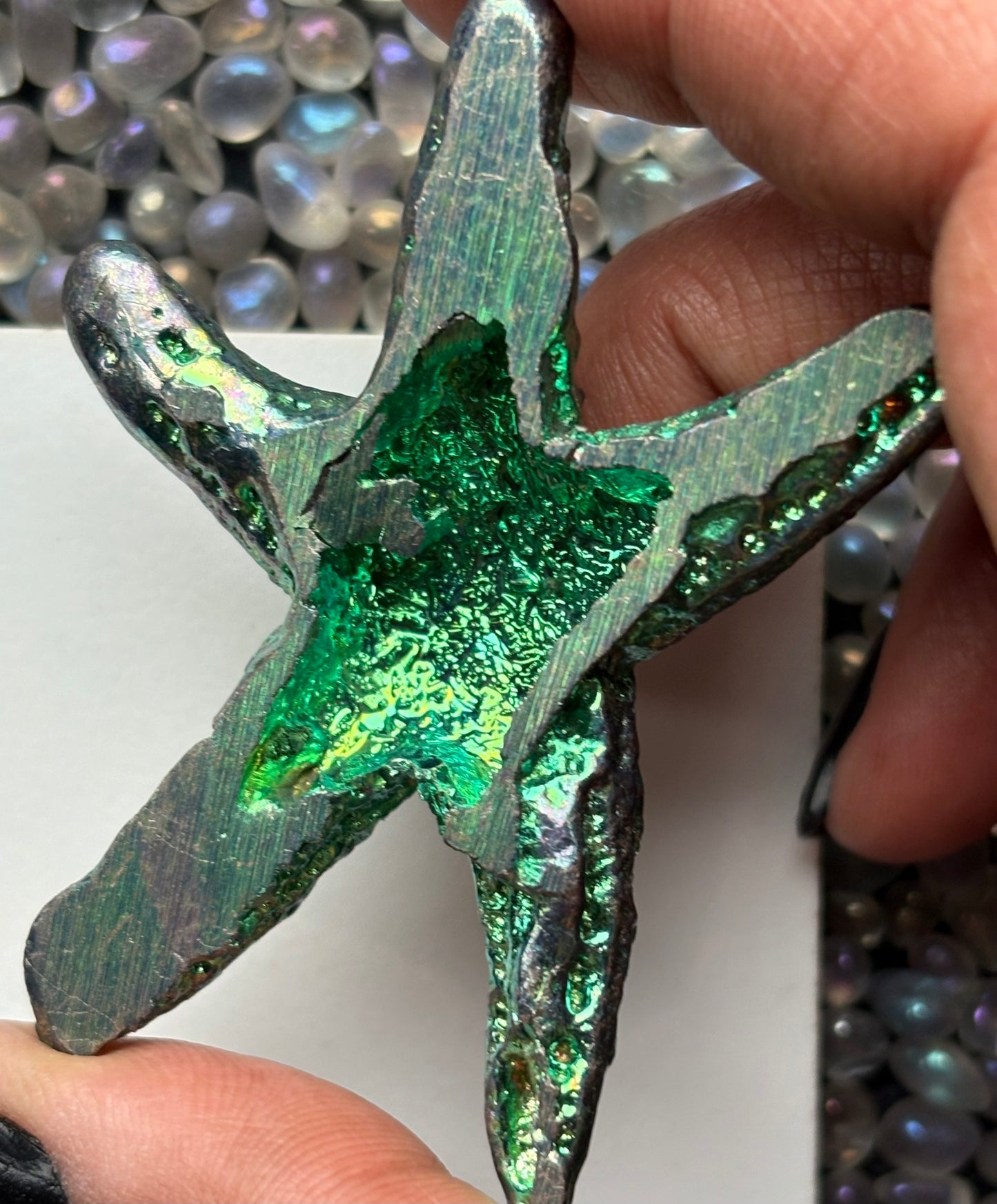 Green Bismuth Crystal Large Starfish Metal Art Sculpture